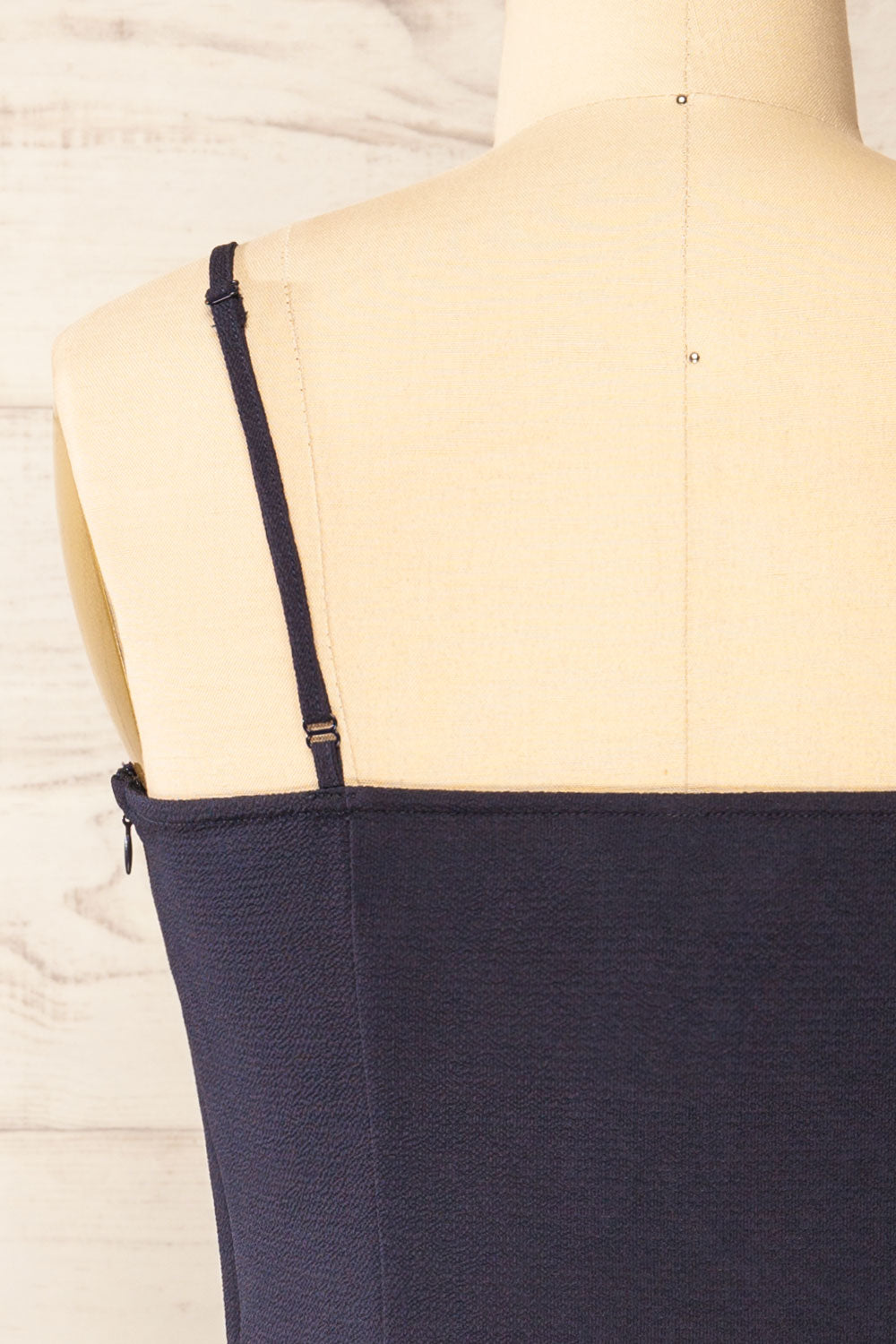 Beaucaire Navy Short Dress w/ Thin Straps | La petite garçonne back close-up