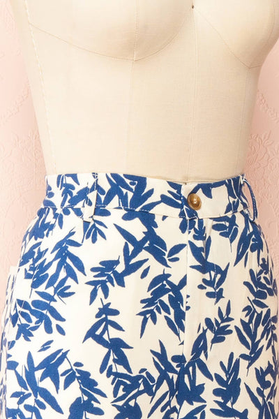 Beckham Ivory & Blue High-Waisted Patterned Pants | Boutique 1861 side close-up