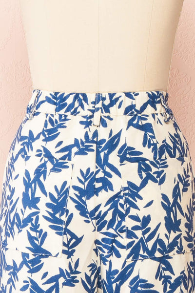 Beckham Ivory & Blue High-Waisted Patterned Pants | Boutique 1861 back close-up