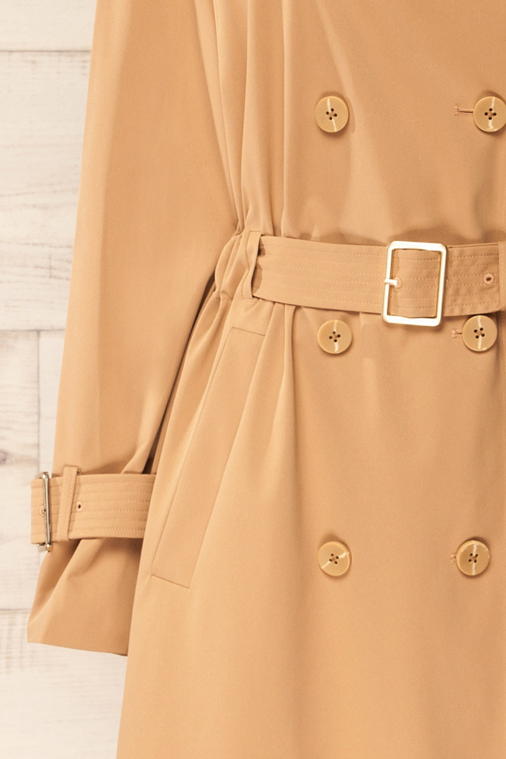 Beckie Long Beige Coat with Belt | La petite garçonne sleeve