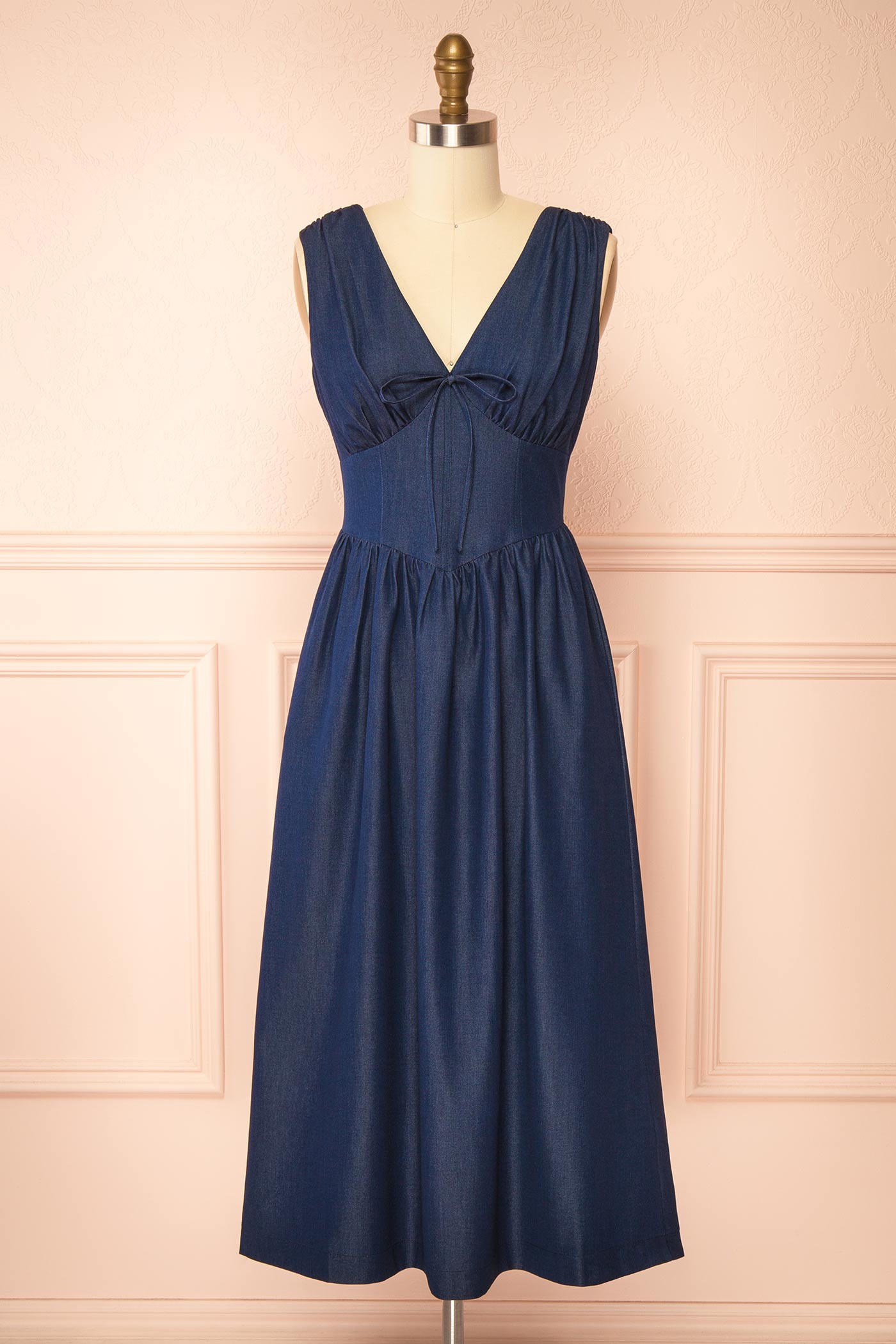 Begonia Blue Denim Midi Dress with Bow and Pockets | Boutique 1861 front