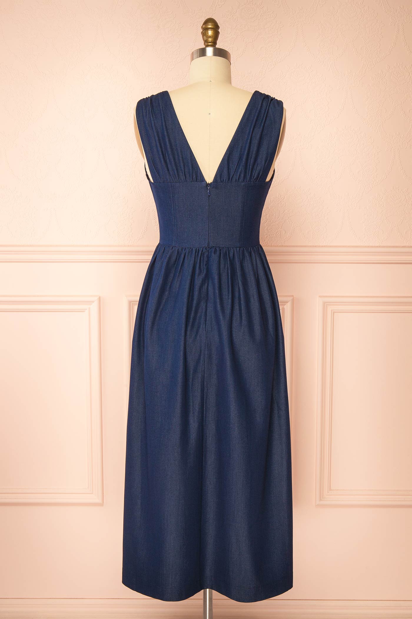 Begonia Blue Denim Midi Dress with Bow and Pockets | Boutique 1861 back