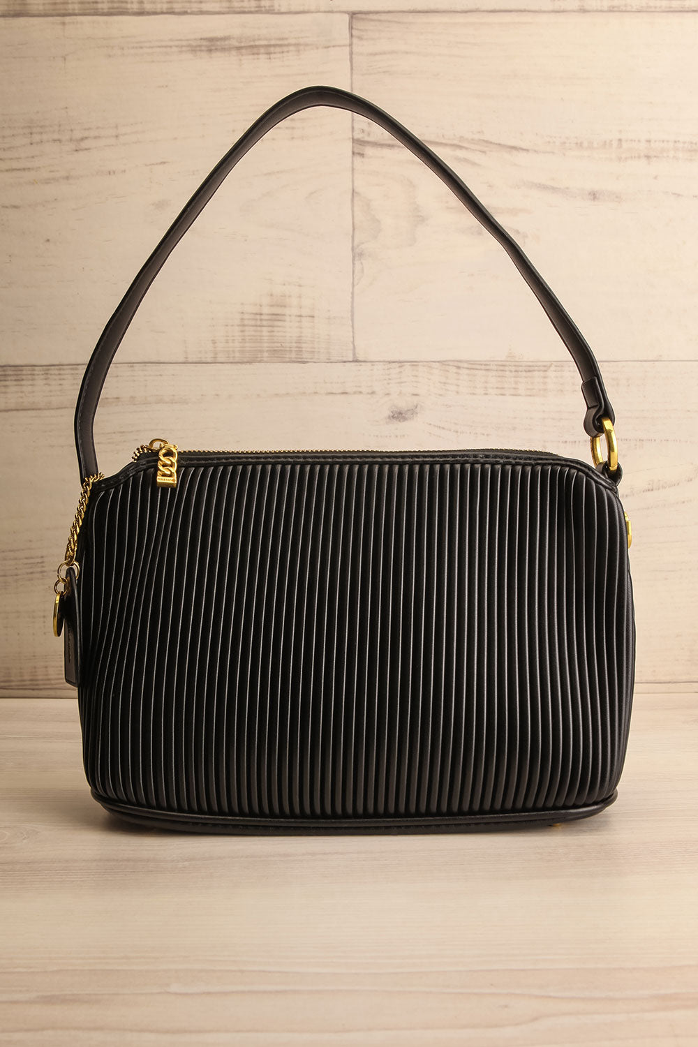 Bella Black Vegan Leather Pleated Handbag | La petite garçonne large front view