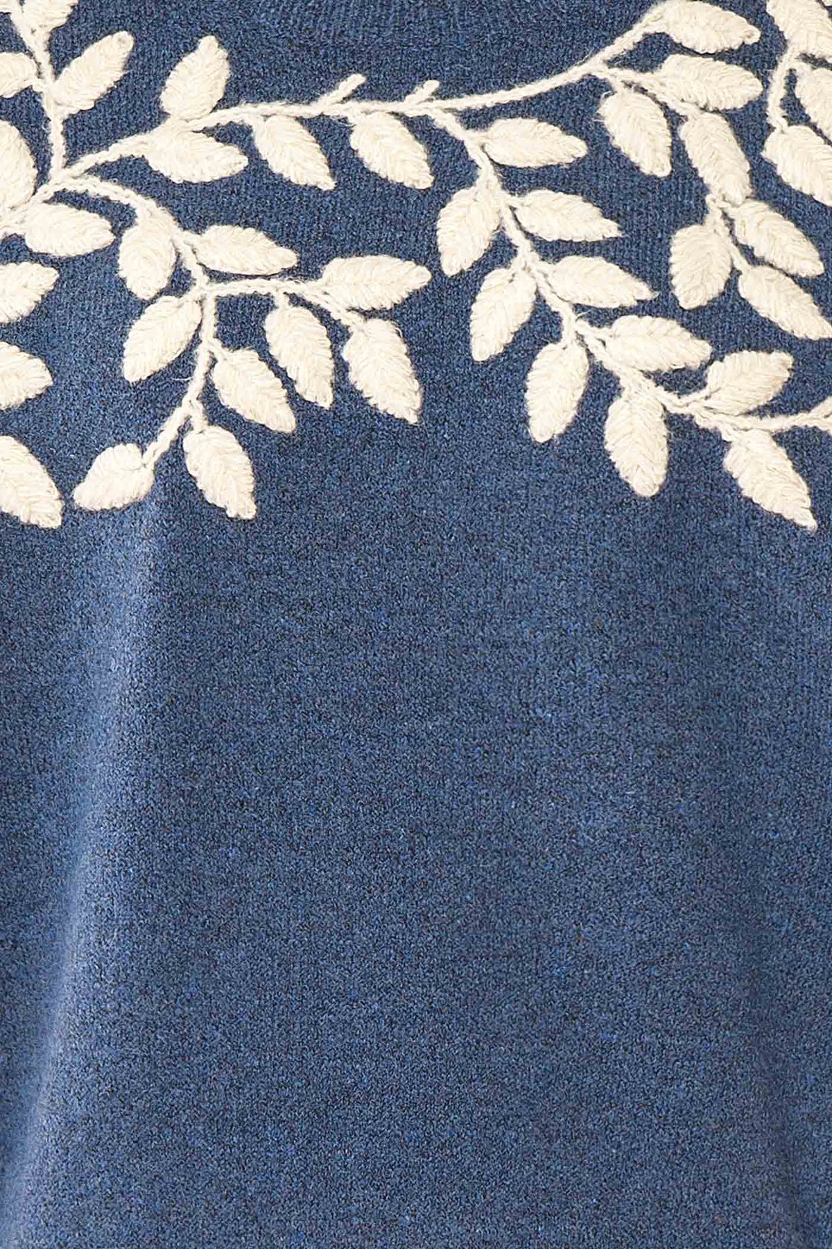 fabric view of Bellanie Blue Embroidered Leaf Knit Sweater at La petite garçonne