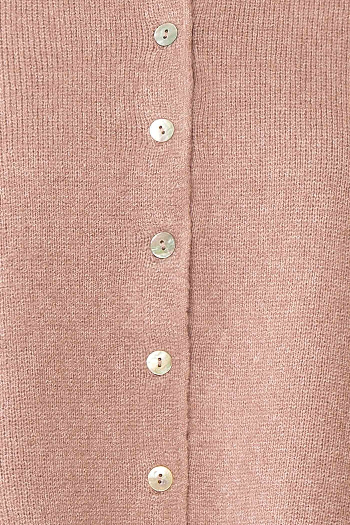 fabric view of Belza Mauve Short Sleeve Puff Sleeve Cropped Knit Cardigan at Boutique 1861