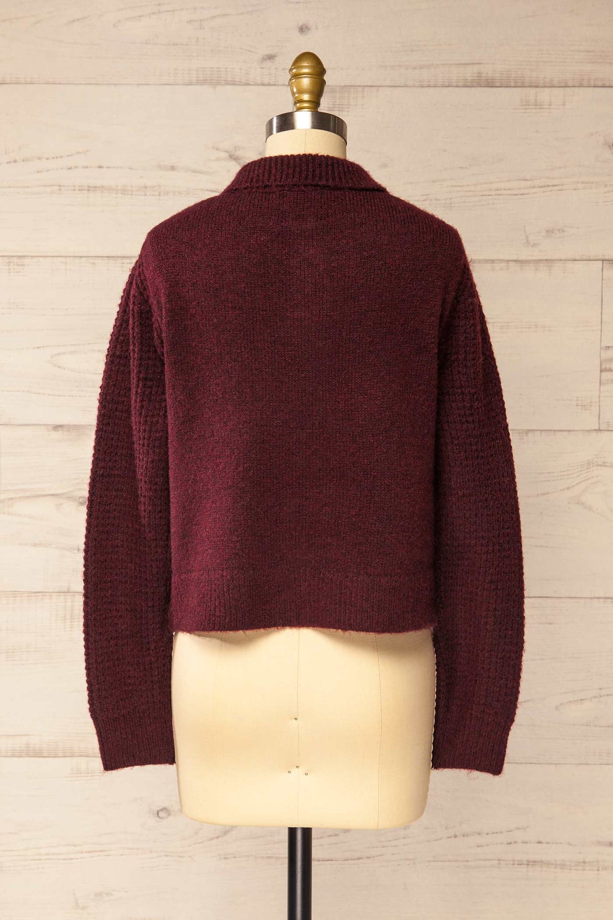 back view of Bercien Burgundy Waffle-Knit Cardigan with Shirt Collar at La petite garçonne