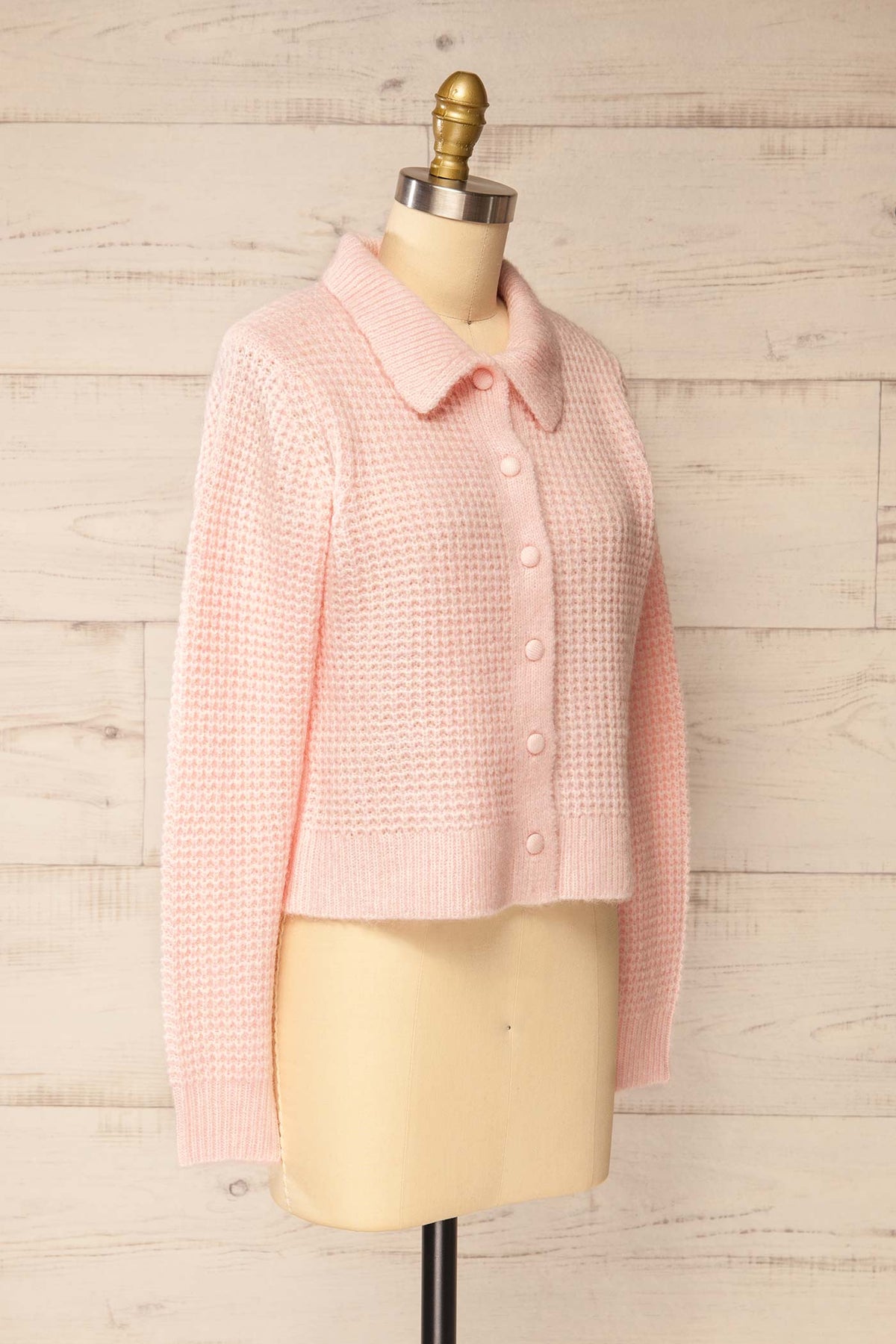side view of Bercien Pink Waffle-Knit Cardigan with Shirt Collar at La petite garçonne