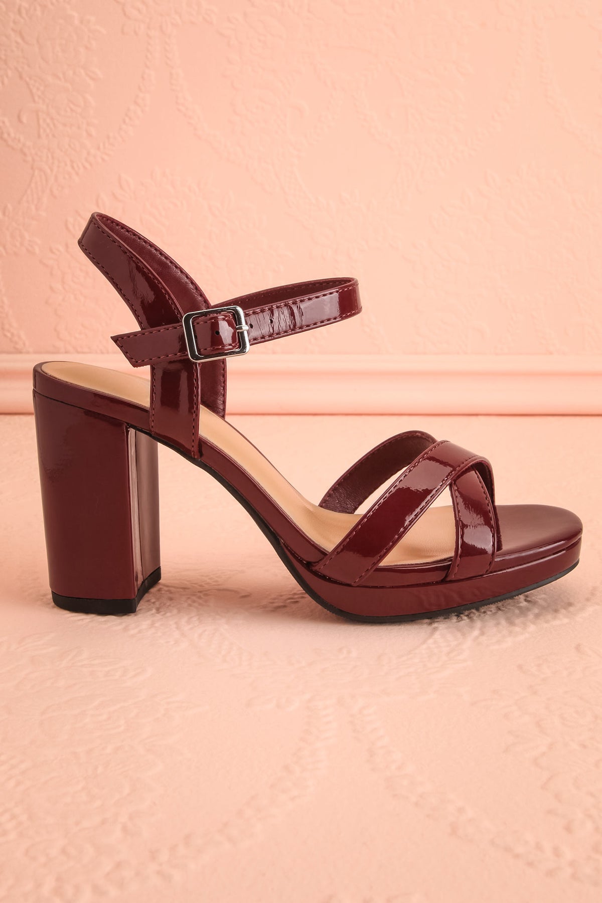 Side view of Bereza Burgundy Platform Block Heel Sandals at boudoir 1861