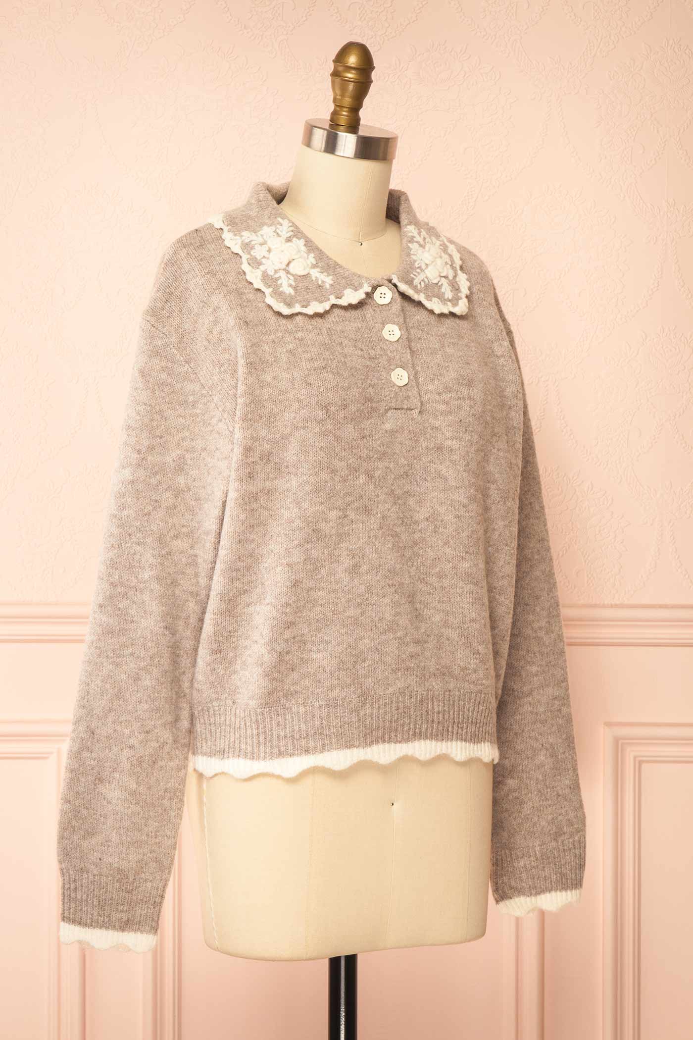 side view of Bernia Grey Embroidered Floral Collar Knit Sweater at Boutique 1861