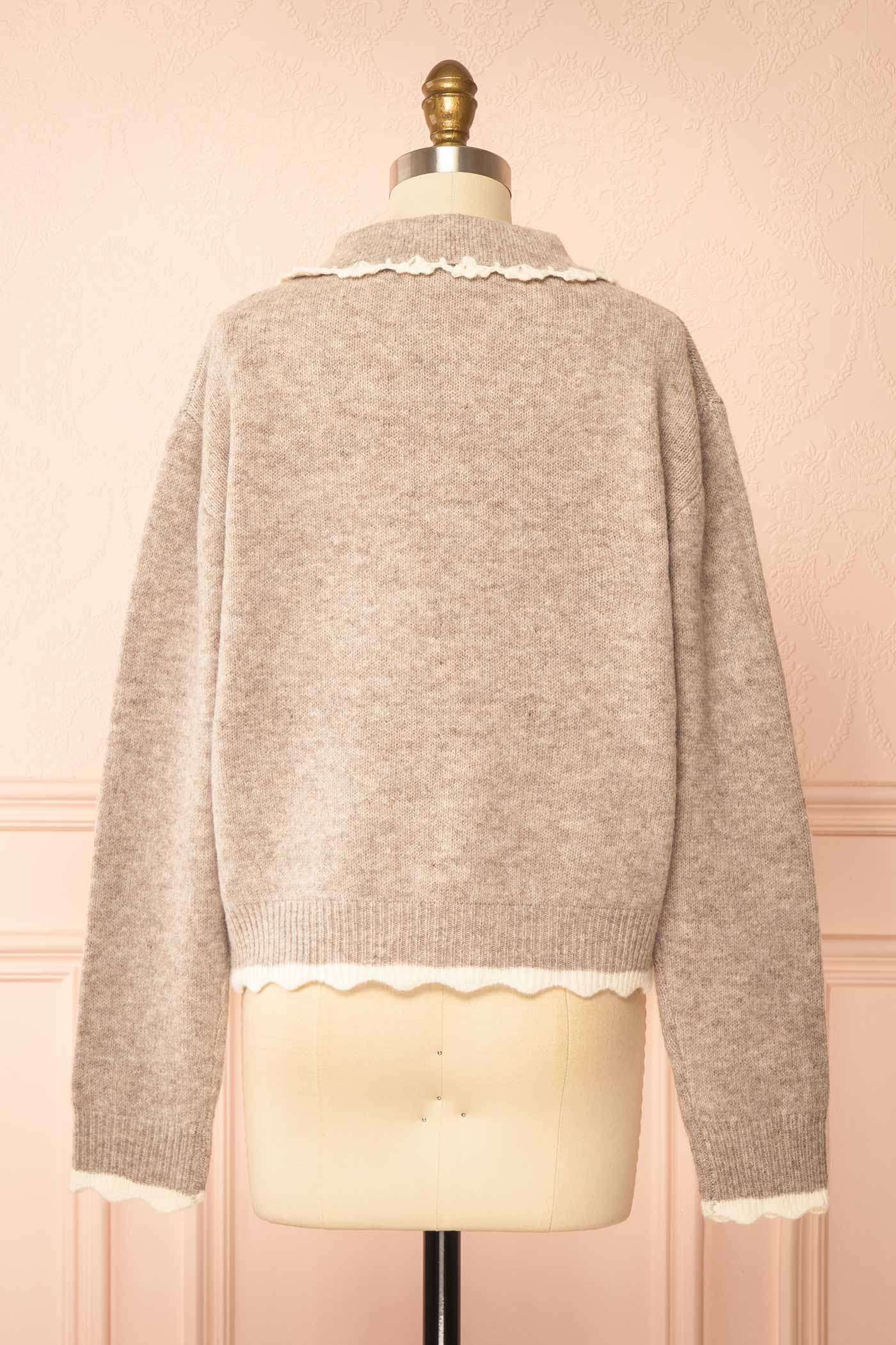backview of Bernia Grey Embroidered Floral Collar Knit Sweater at Boutique 1861