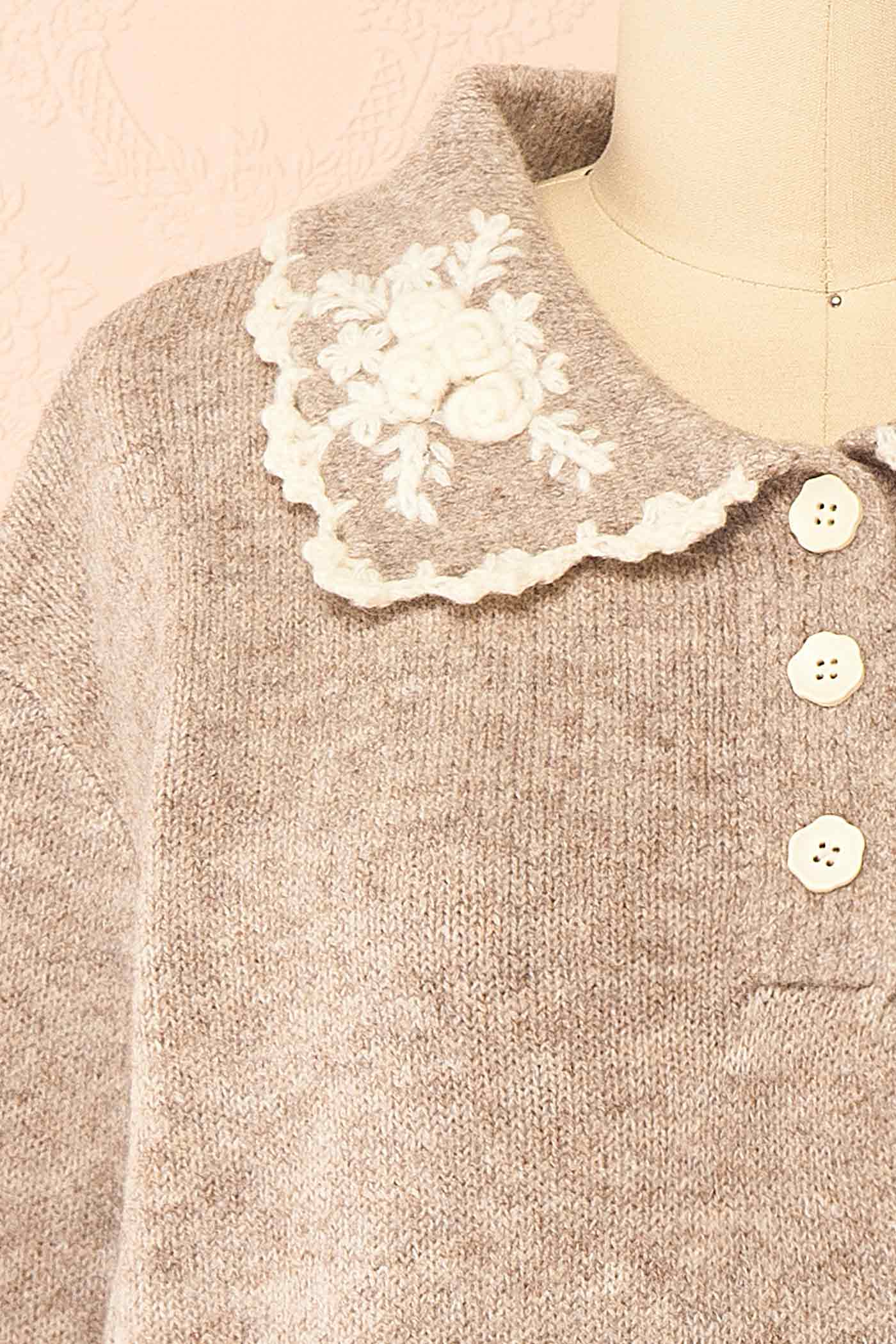 fabric view of Bernia Grey Embroidered Floral Collar Knit Sweater at Boutique 1861