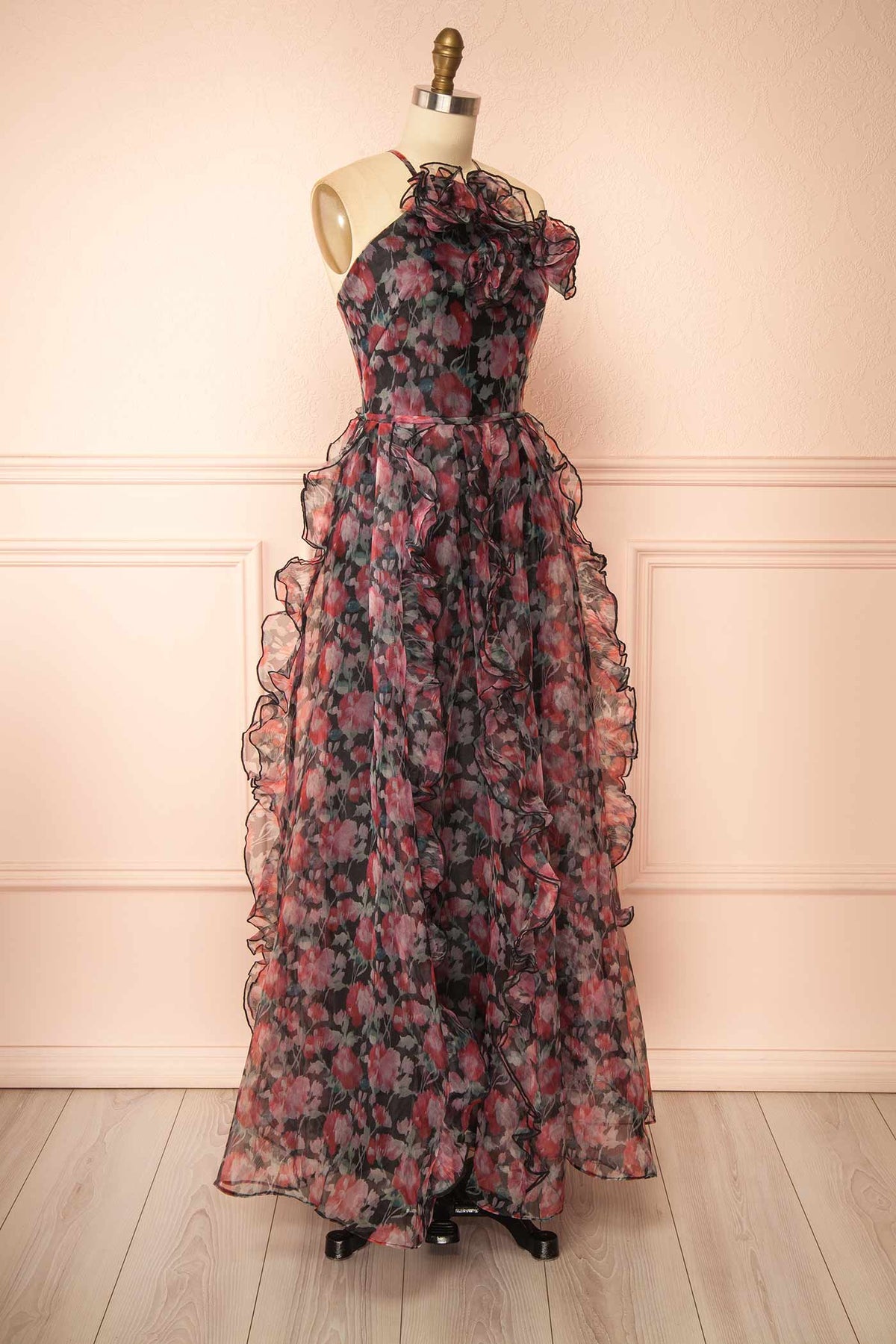 side view of Bernice Floral Organza Ruffled Maxi Dress with 3D Rosettes at Boutique 1861