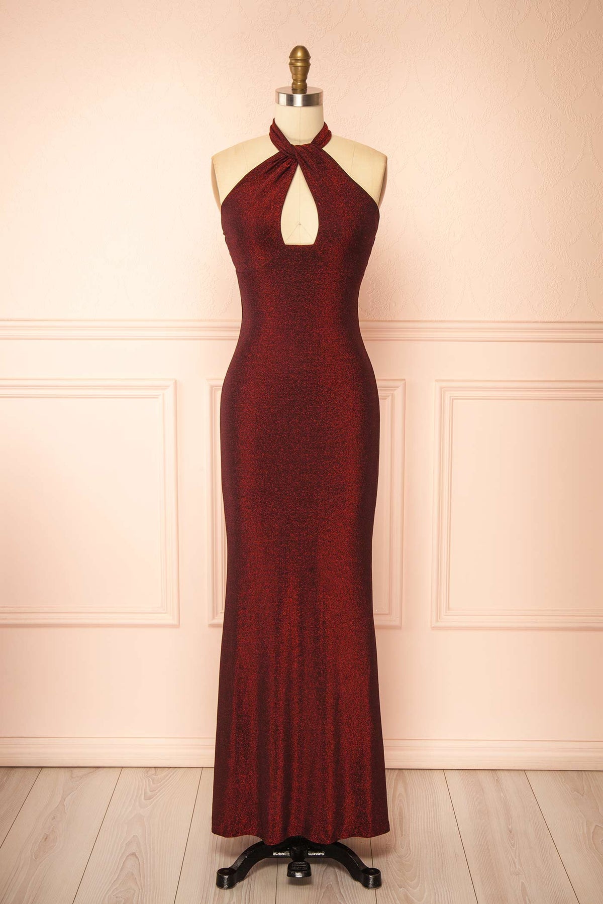 front view of Bertina Shimmery Burgundy Halter Keyhole Maxi Dress at Boutique 1861