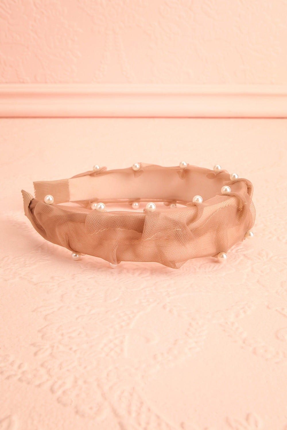Bessy Taupe Headband w/ Tulle & Pearls | Boutique 1861 flat view