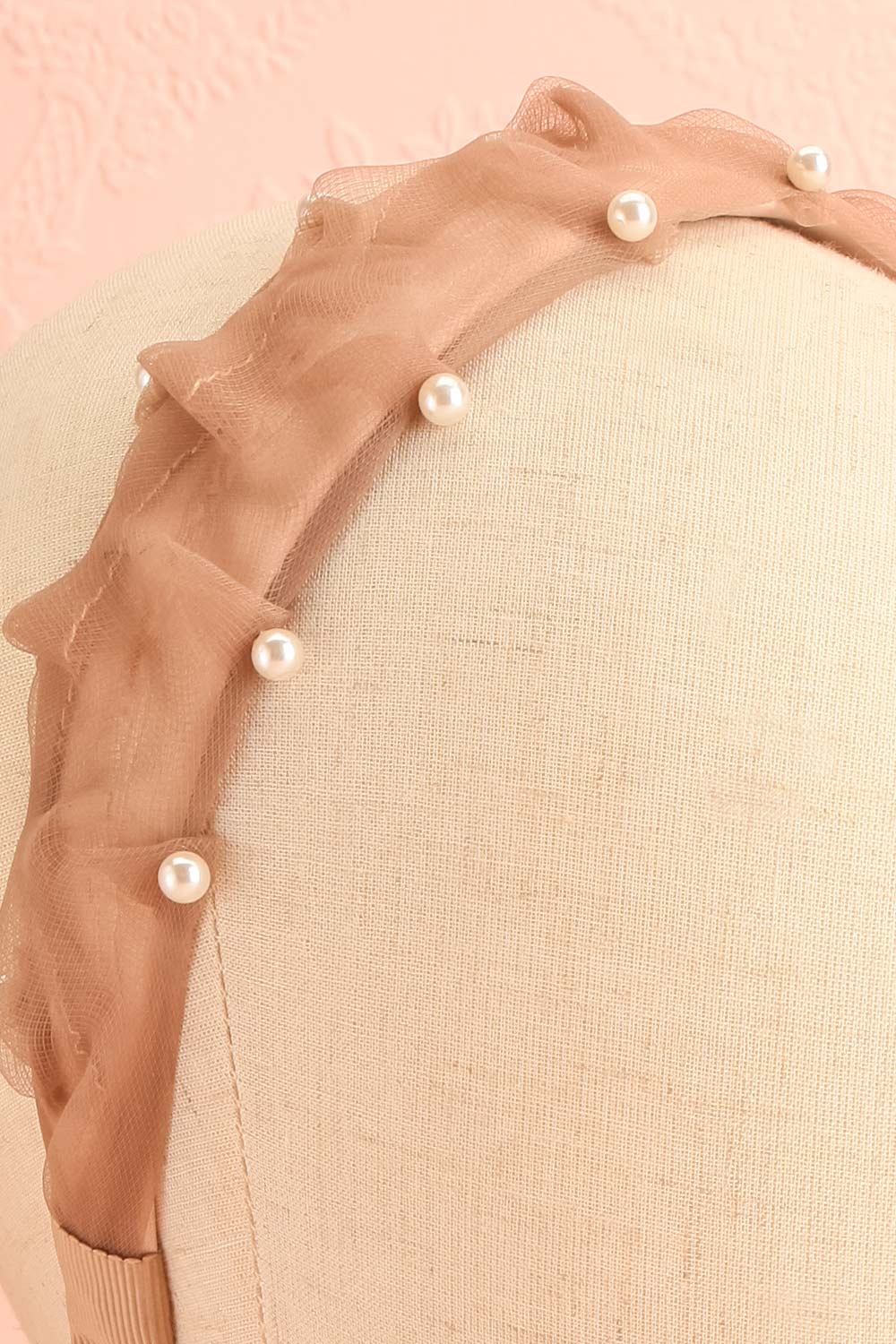 Bessy Taupe Headband w/ Tulle & Pearls | Boutique 1861 close-up