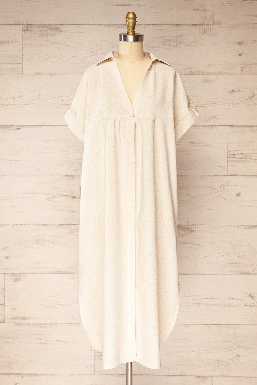 Betrice Beige Oversized Button-Up Linen Dress | La petite garçonne front view