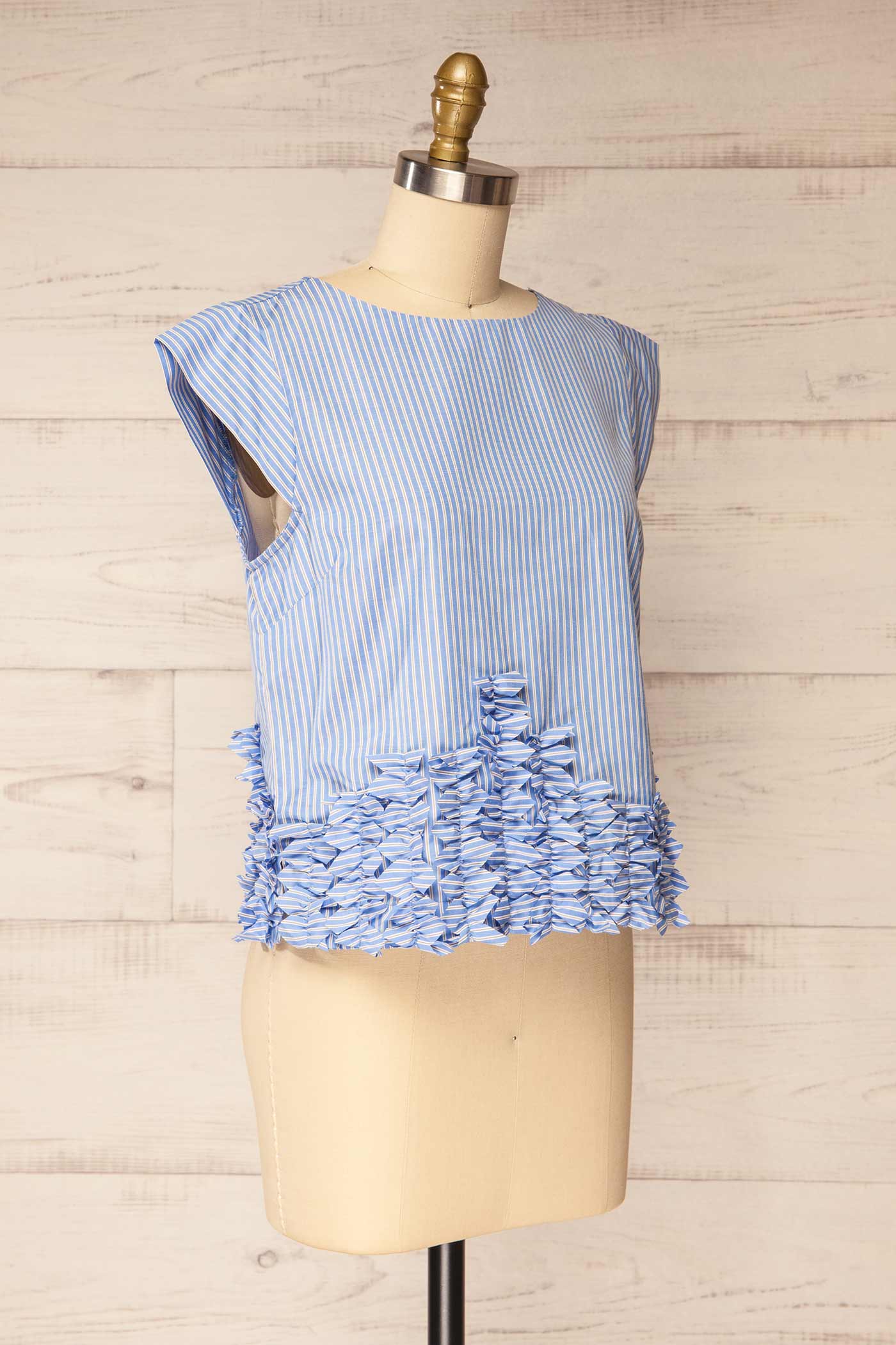 Betul Blue and White Striped Ruffle Hem Cap Sleeve Top | La petite garçonne side