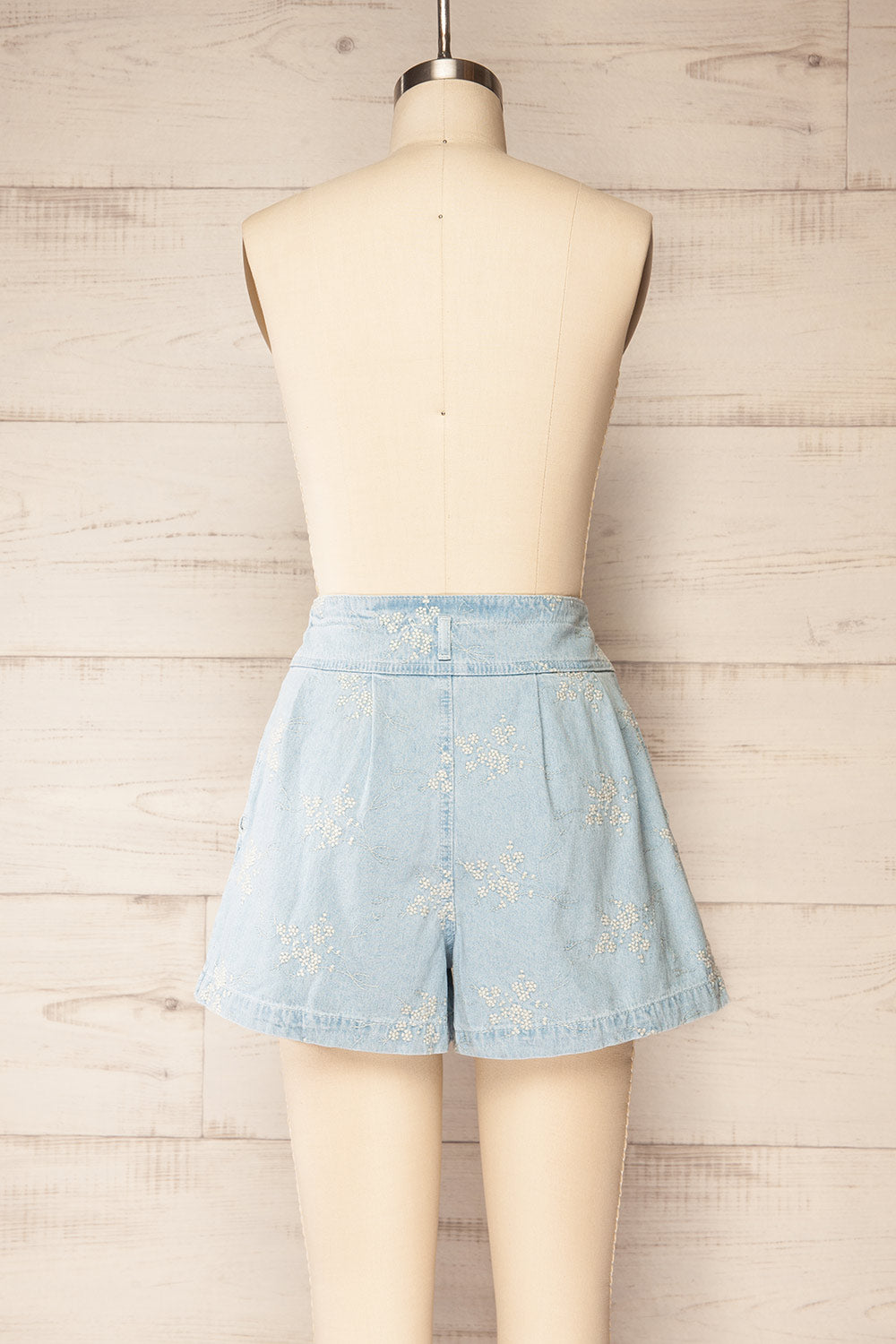 Biarritz Blue Denim Shorts w/ Floral Embroidery | La petite garçonne back view