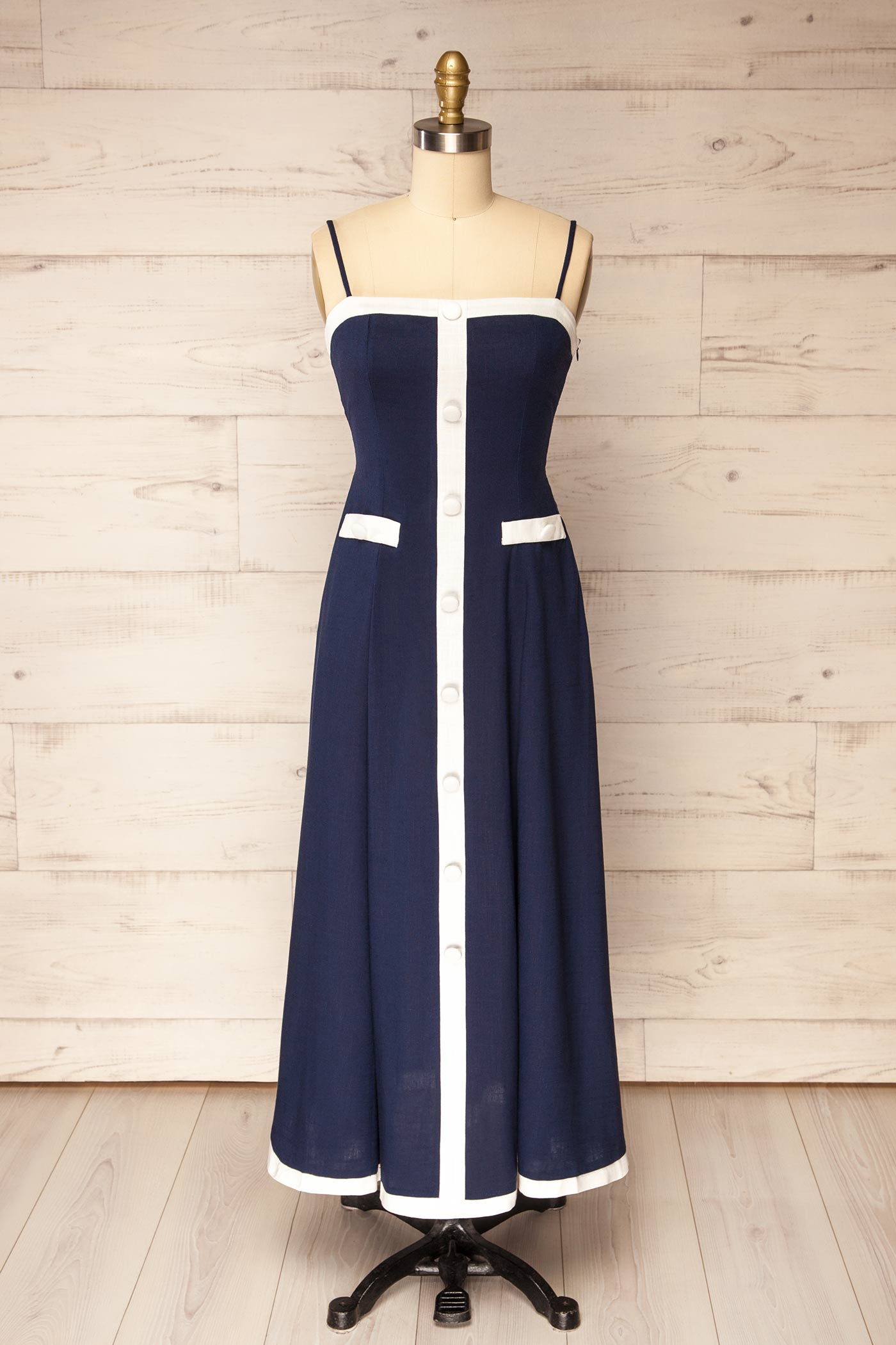 Biella Navy Midi Dress with White Contrast Trim | La petite garçonne front
