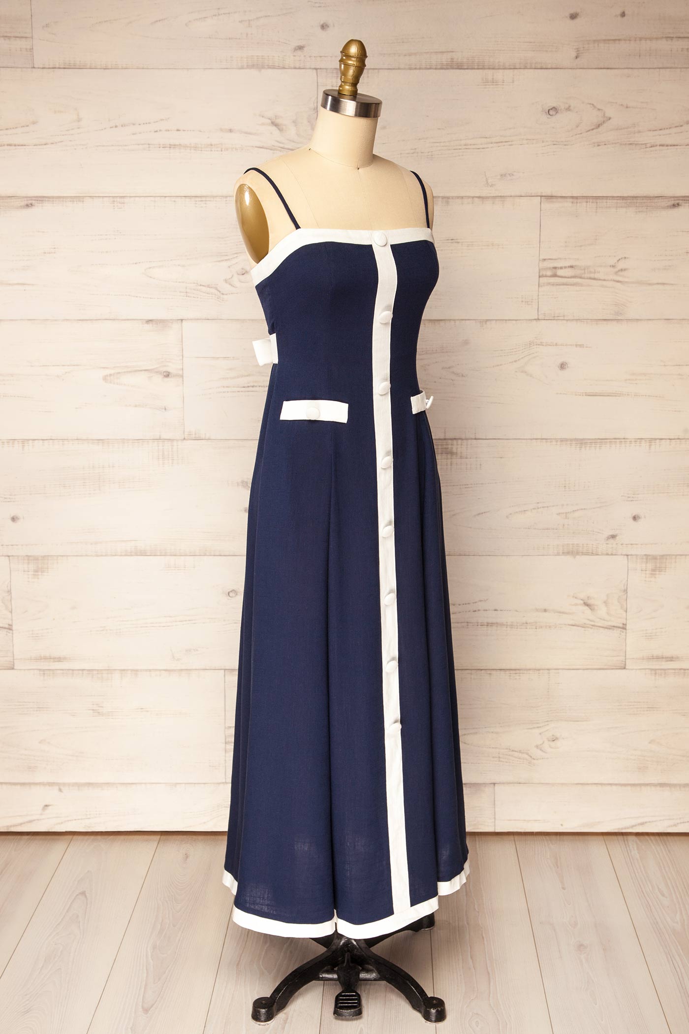 Biella Navy Midi Dress with White Contrast Trim | La petite garçonne side