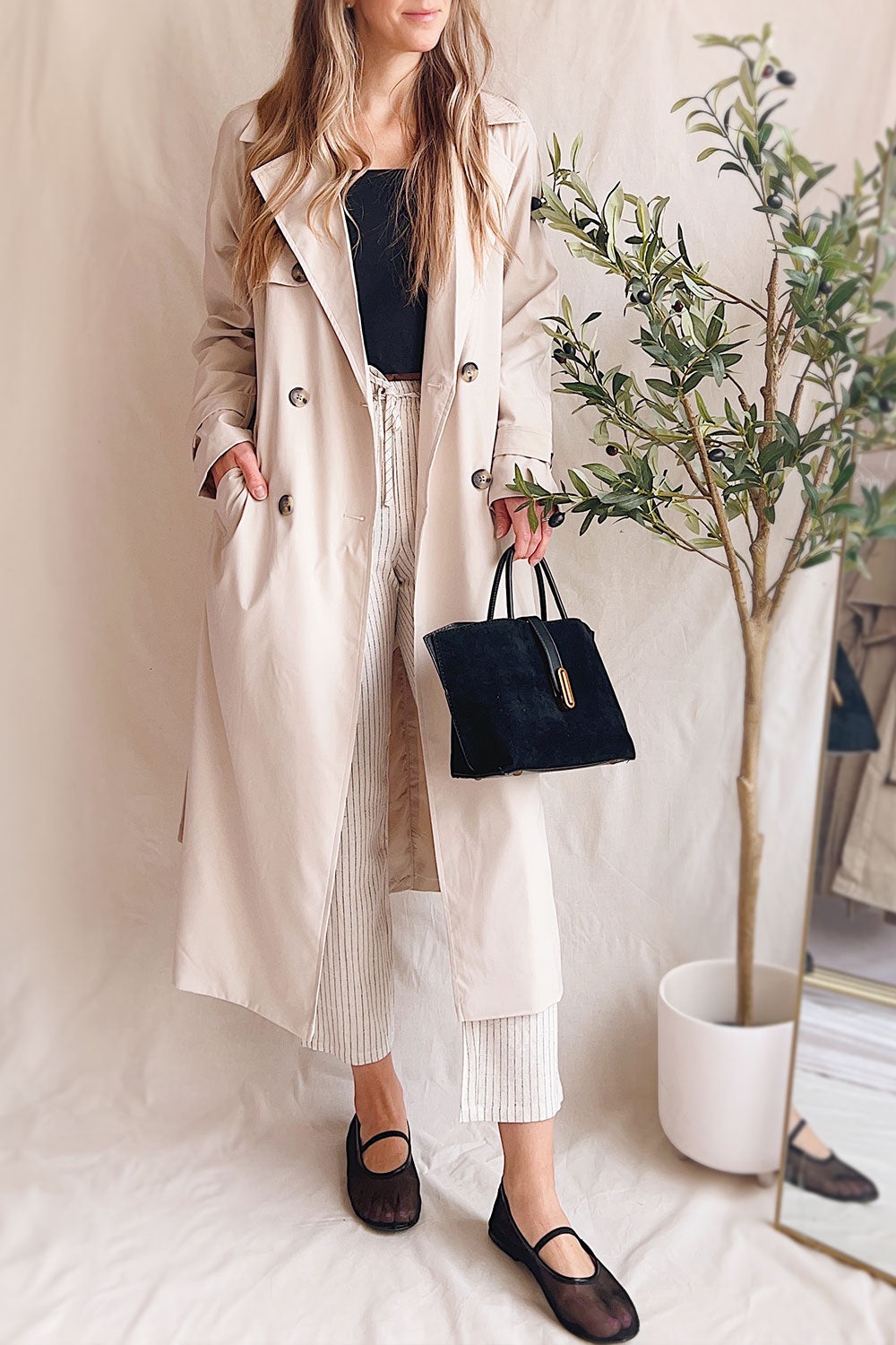 Bilimora Beige Trench Coat w/ Belt | La petite garçonne open on model