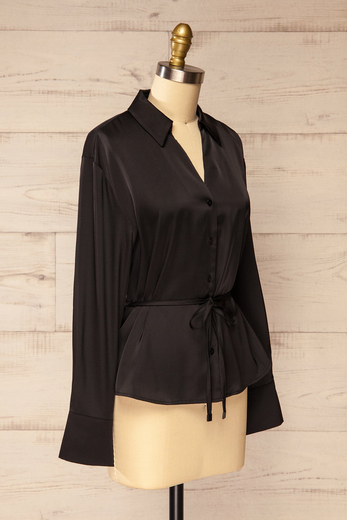side view of Bistrita Black Satin Belted Button-Down Blouse at La petite garçonne