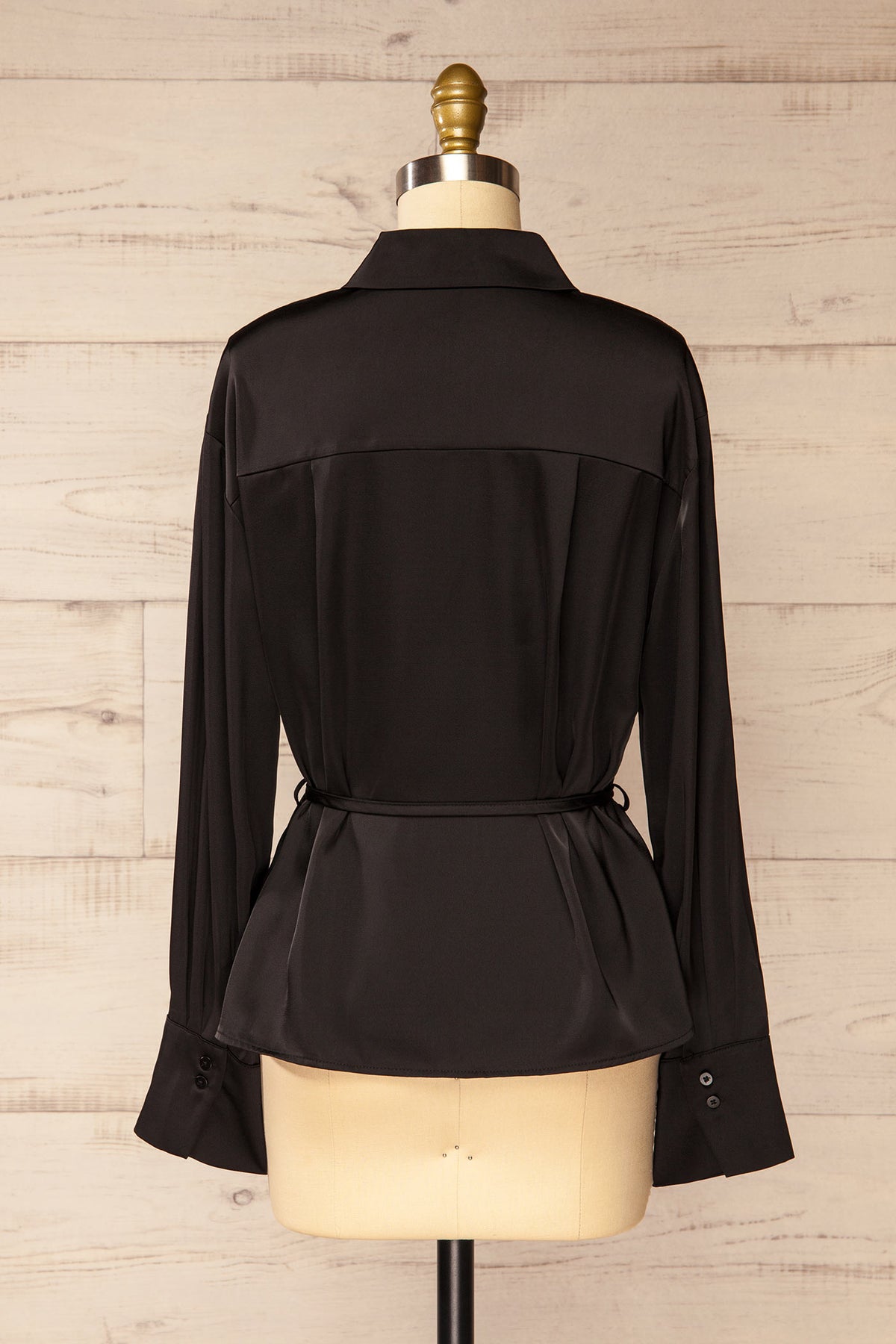 back view of Bistrita Black Satin Belted Button-Down Blouse at La petite garçonne