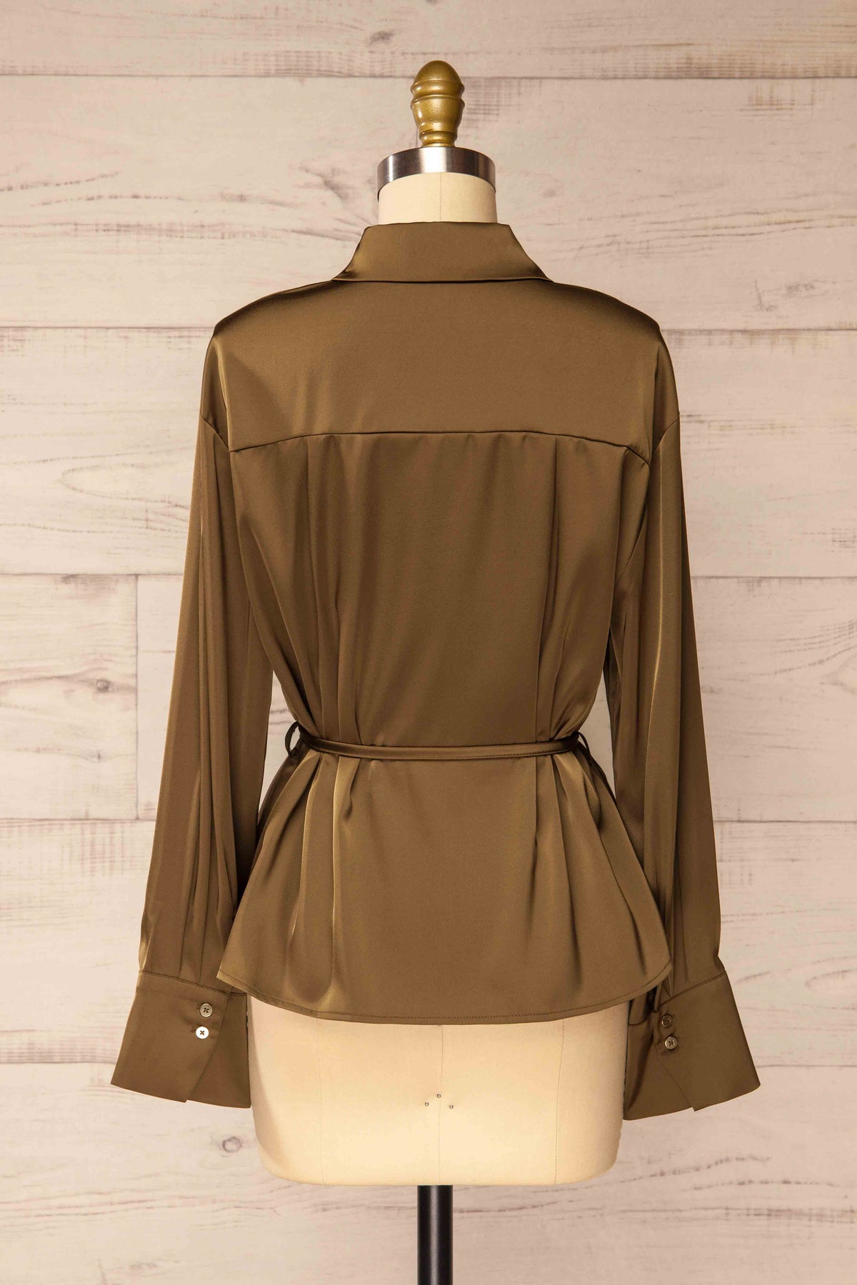 back view of Bistrita Khaki Satin Belted Button-Down Blouse at La petite garçonne