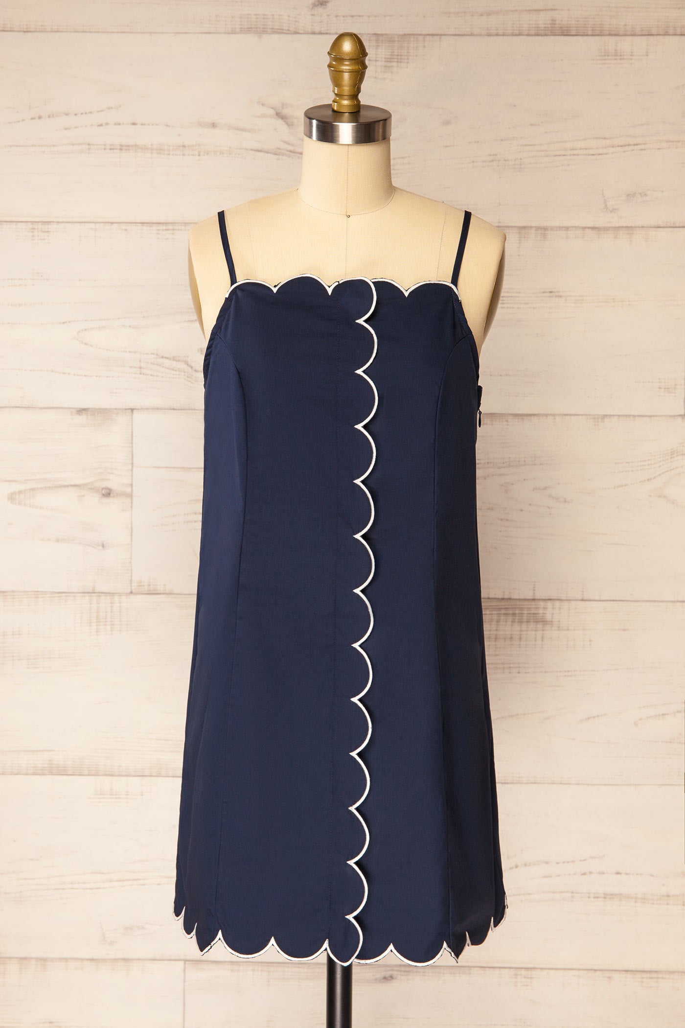 Frontview Bithur Navy Scalloped Trim Short Dress with Contrast Piping at la petite garçonne