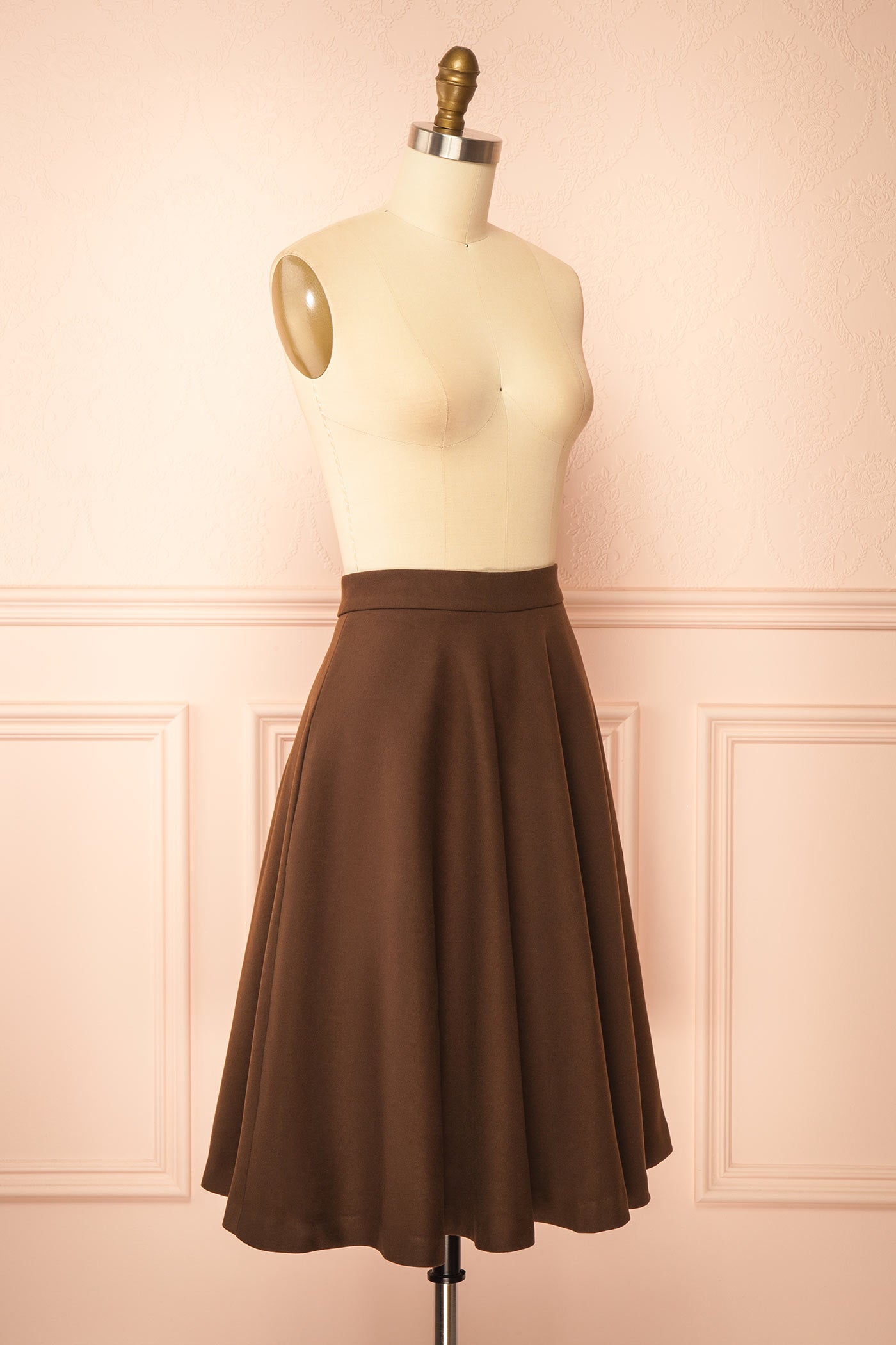 side view of Blaise Brown High-Waisted Midi Skirt with Pockets at Boutique 1861