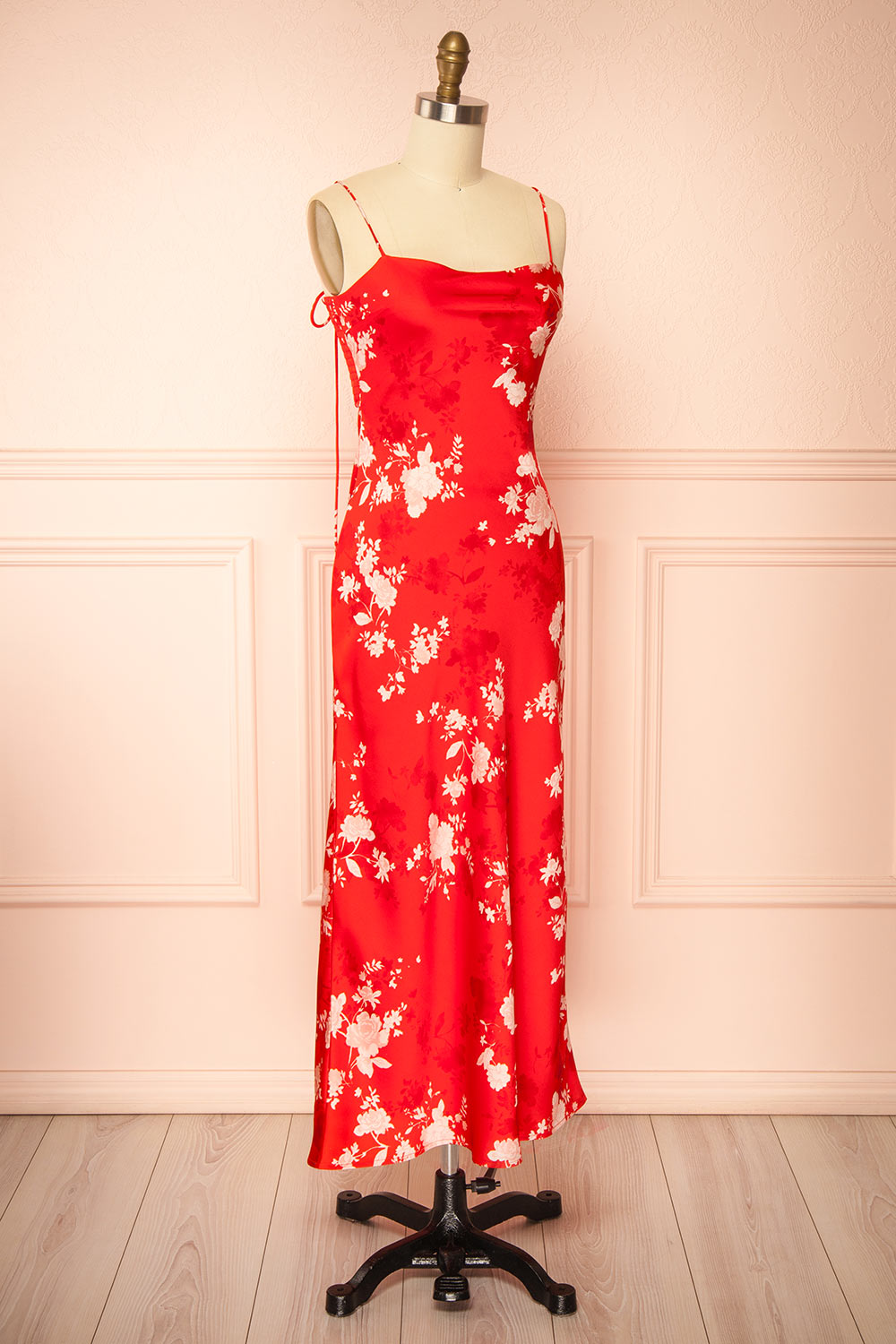 Bobbi Red Floral Fitted Midi Dress | Boutique 1861 side view