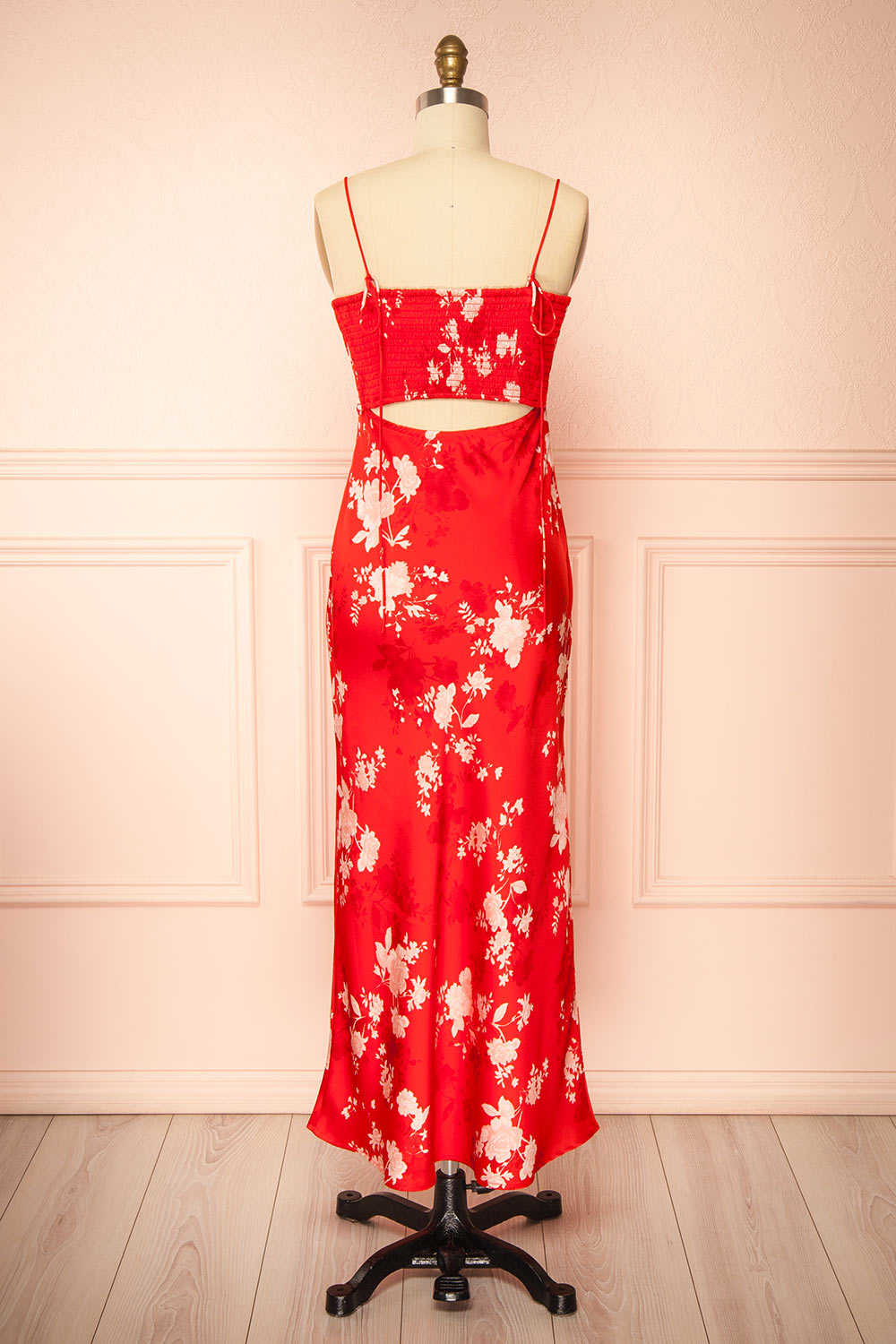 Bobbi Red Floral Fitted Midi Dress | Boutique 1861 back view