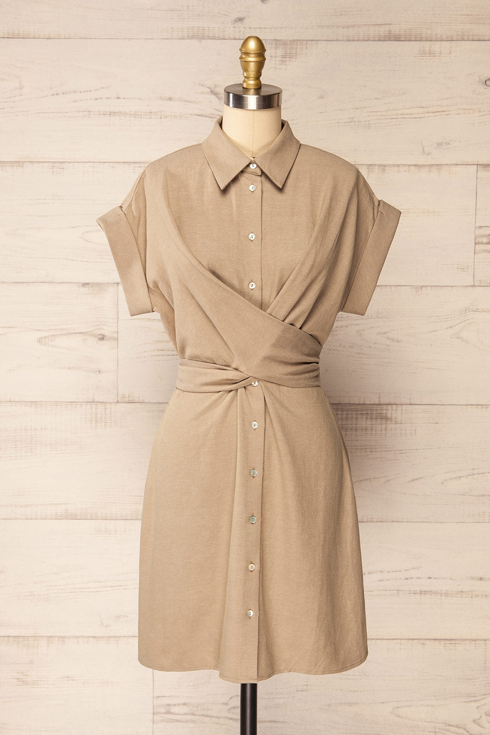 Boisfranc Pleated Bust Short Beige Shirt Dress | La petite garçonne front view