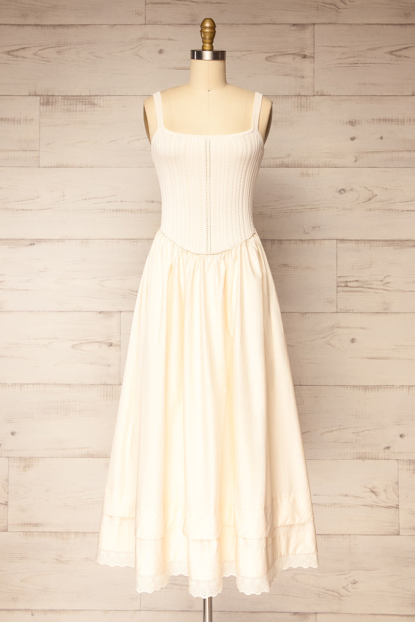 Frontview Bolsena Beige Knitted Top Midi Dress with Eyelet Trim at la petite garçonne