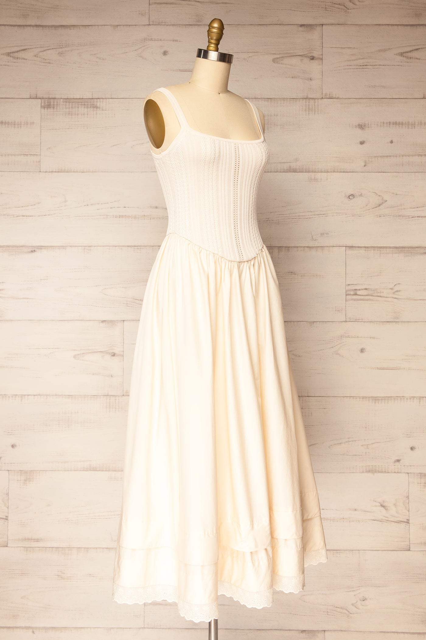 Sideview Bolsena Beige Knitted Top Midi Dress with Eyelet Trim at la petite garçonne