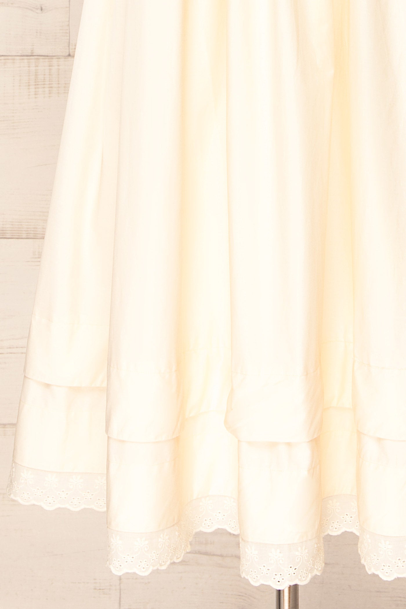 Close-up Frontview Bolsena Beige Knitted Top Midi Dress with Eyelet Trim at la petite garçonne