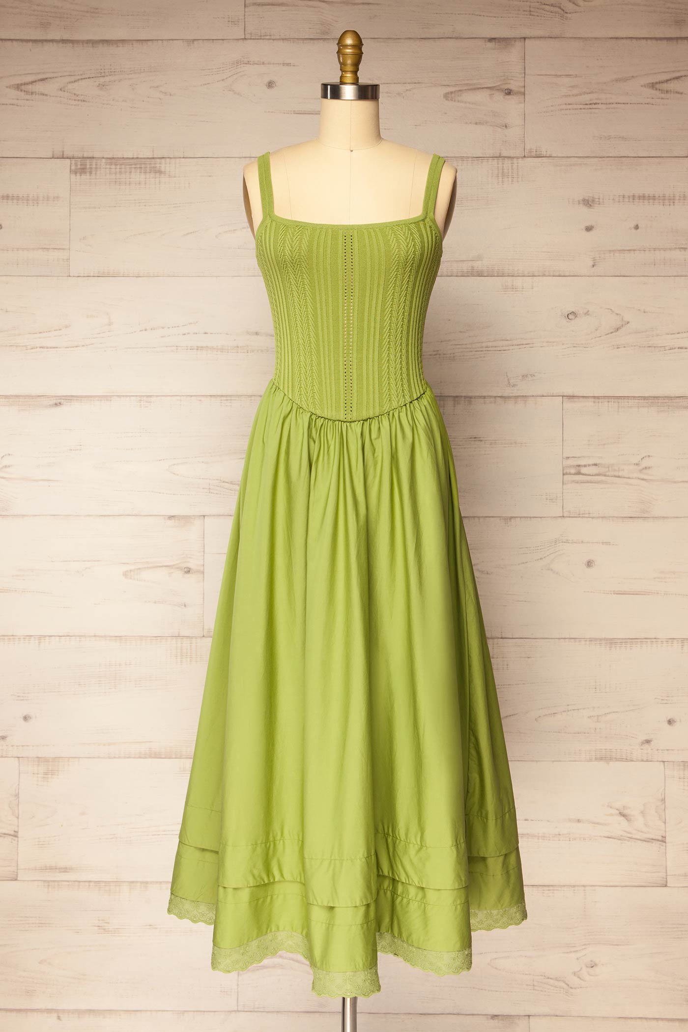 Frontview Bolsena Green Knitted Top Midi Dress with Eyelet Trim at la petite garçonne
