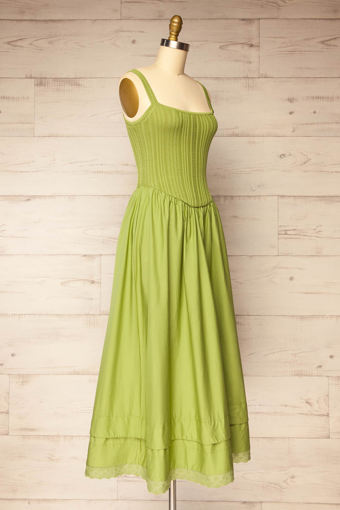Sideview Bolsena Green Knitted Top Midi Dress with Eyelet Trim at la petite garçonne