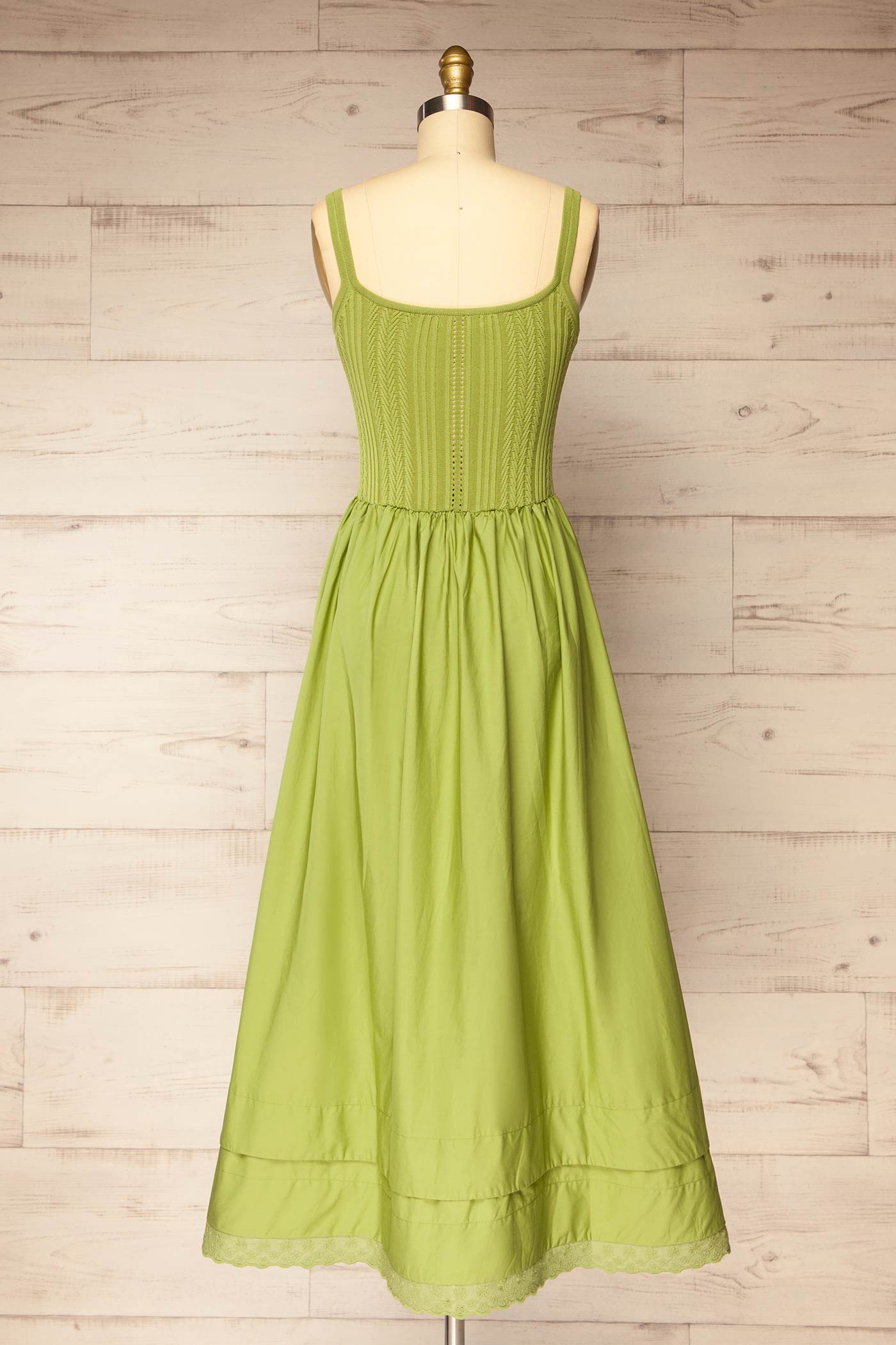 Backview Bolsena Green Knitted Top Midi Dress with Eyelet Trim at la petite garçonne