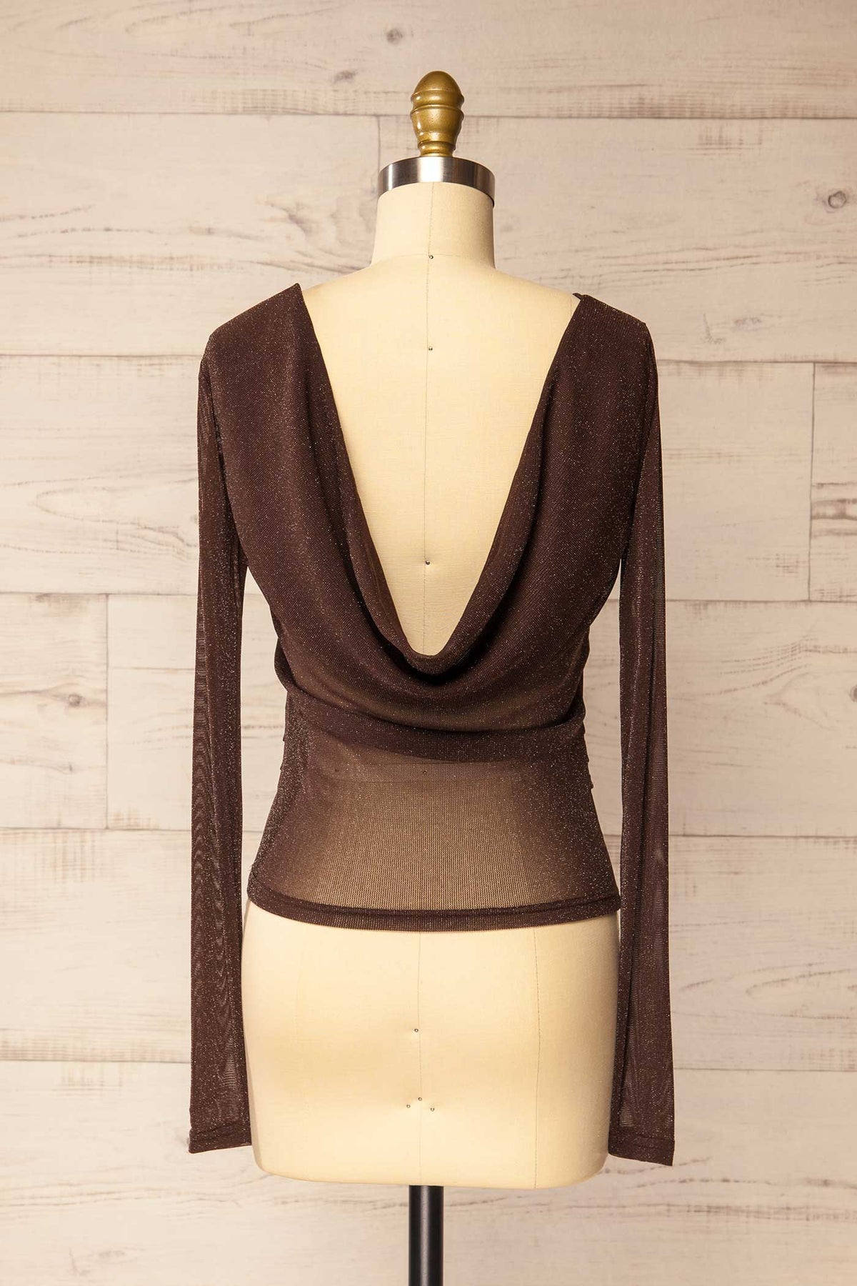 back view of Bonaventure Brown Shimmery Cowl Back Long Sleeve Top at La petite garçonne