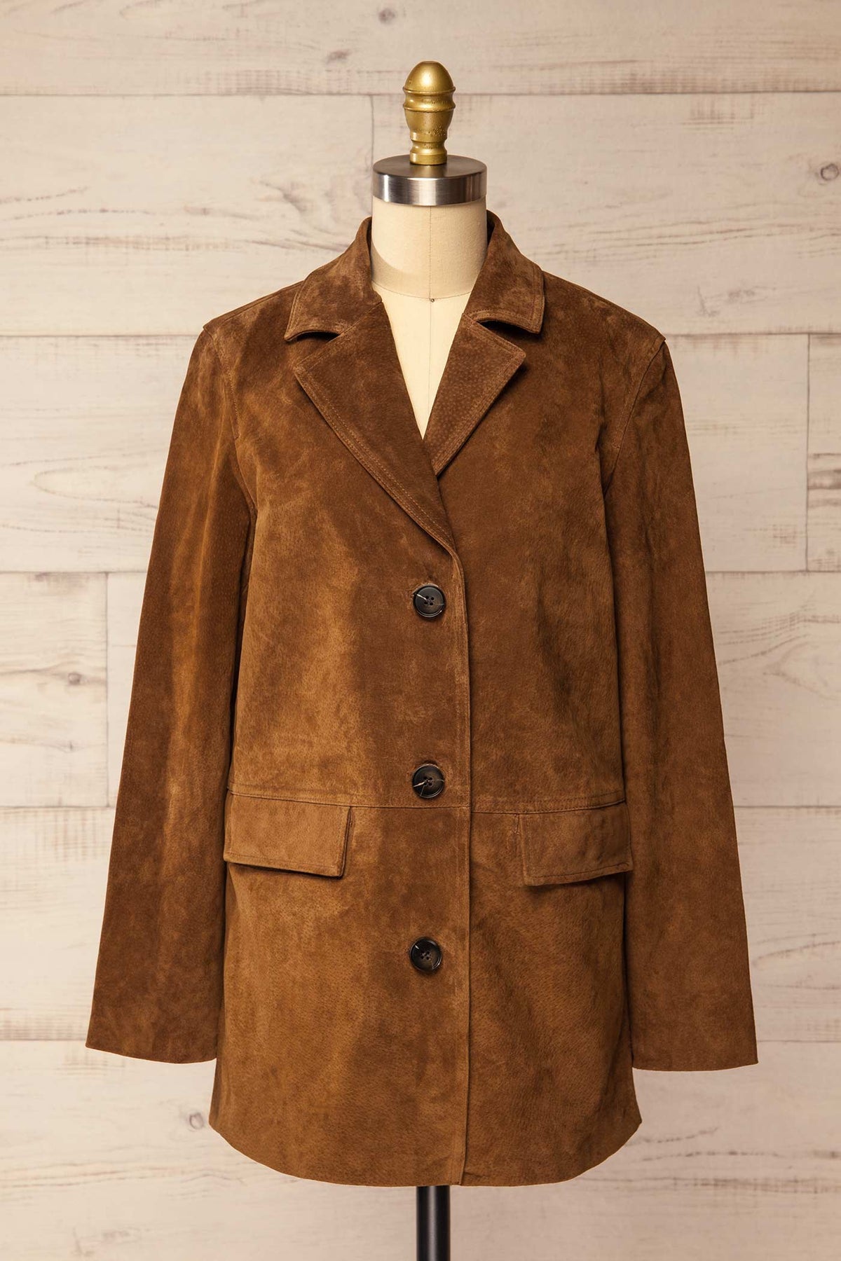front view of Bonifacio Brown Suede Tailored Blazer Jacket at La petite garçonne