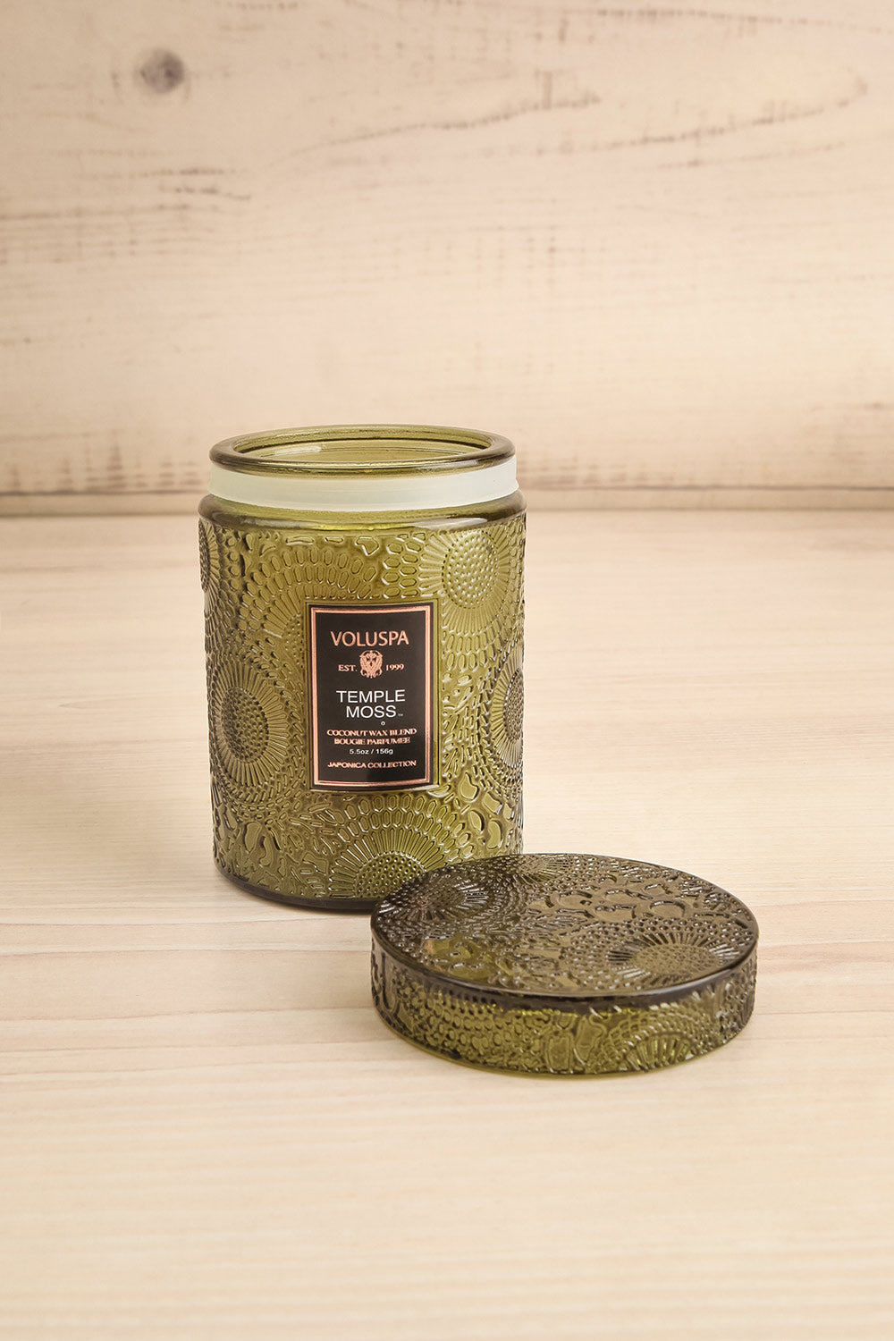 Temple Moss Medium Glass Candle by Voluspa | Maison garçonne open view