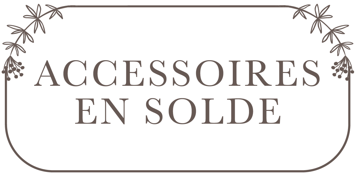 Decorative sign with 'ACCESSOIRES EN SOLDE' text and floral elements on a white background