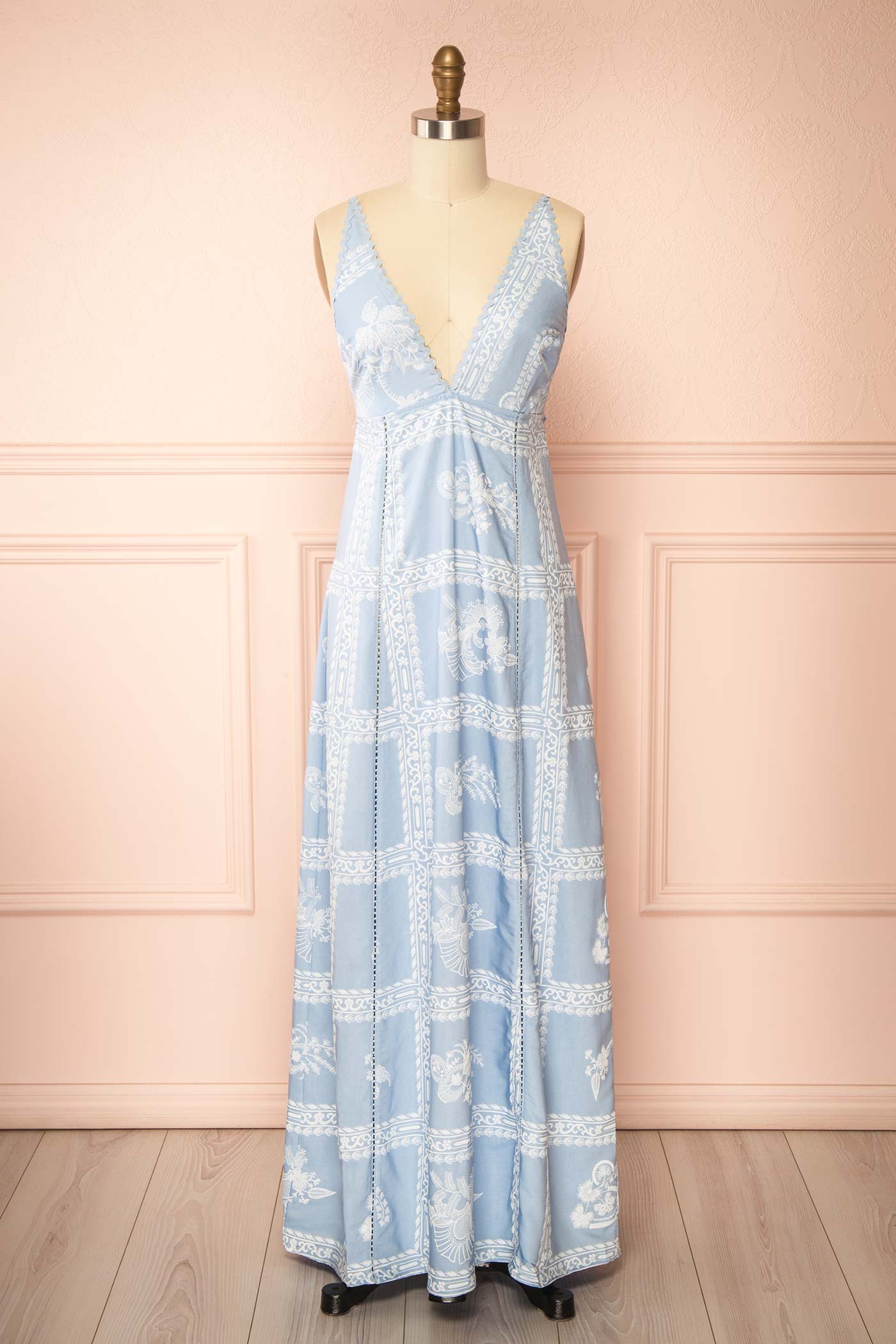 Frontview Branwyn Light Blue Maxi Dress with Open Back at la boutique 1861