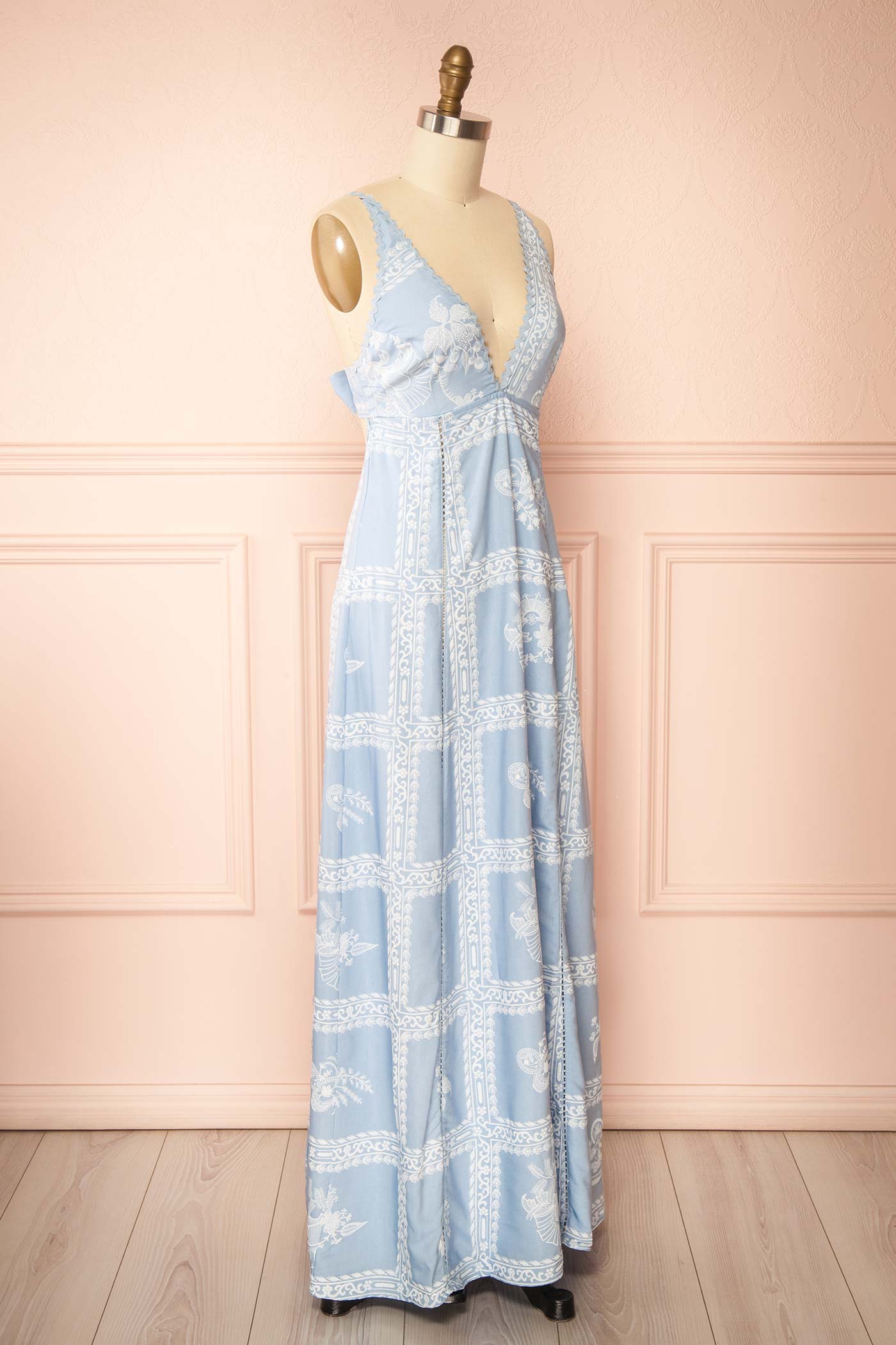 Sideview Branwyn Light Blue Maxi Dress with Open Back at la boutique 1861