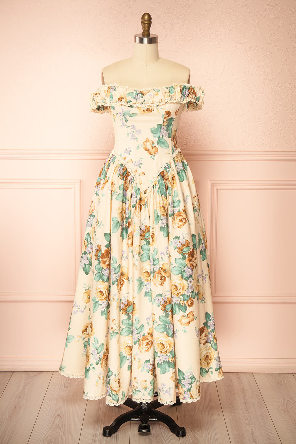 Breena Beige Vintage Floral Long Dress with Pockets | Boutique 1861 front view