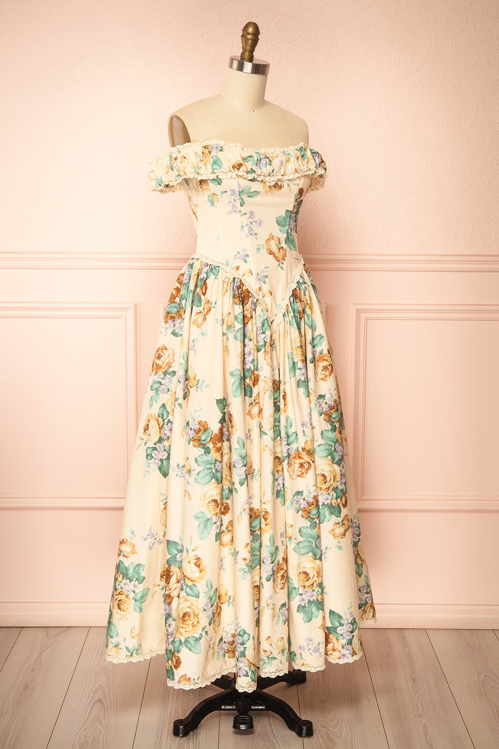 Breena Beige Vintage Floral Long Dress with Pockets | Boutique 1861 side view