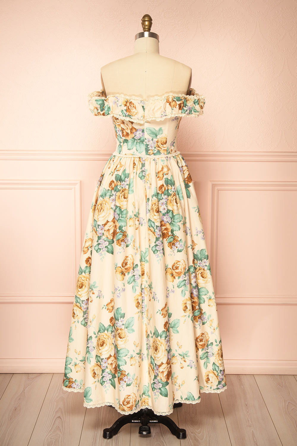 Breena Beige Vintage Floral Long Dress with Pockets | Boutique 1861 back view