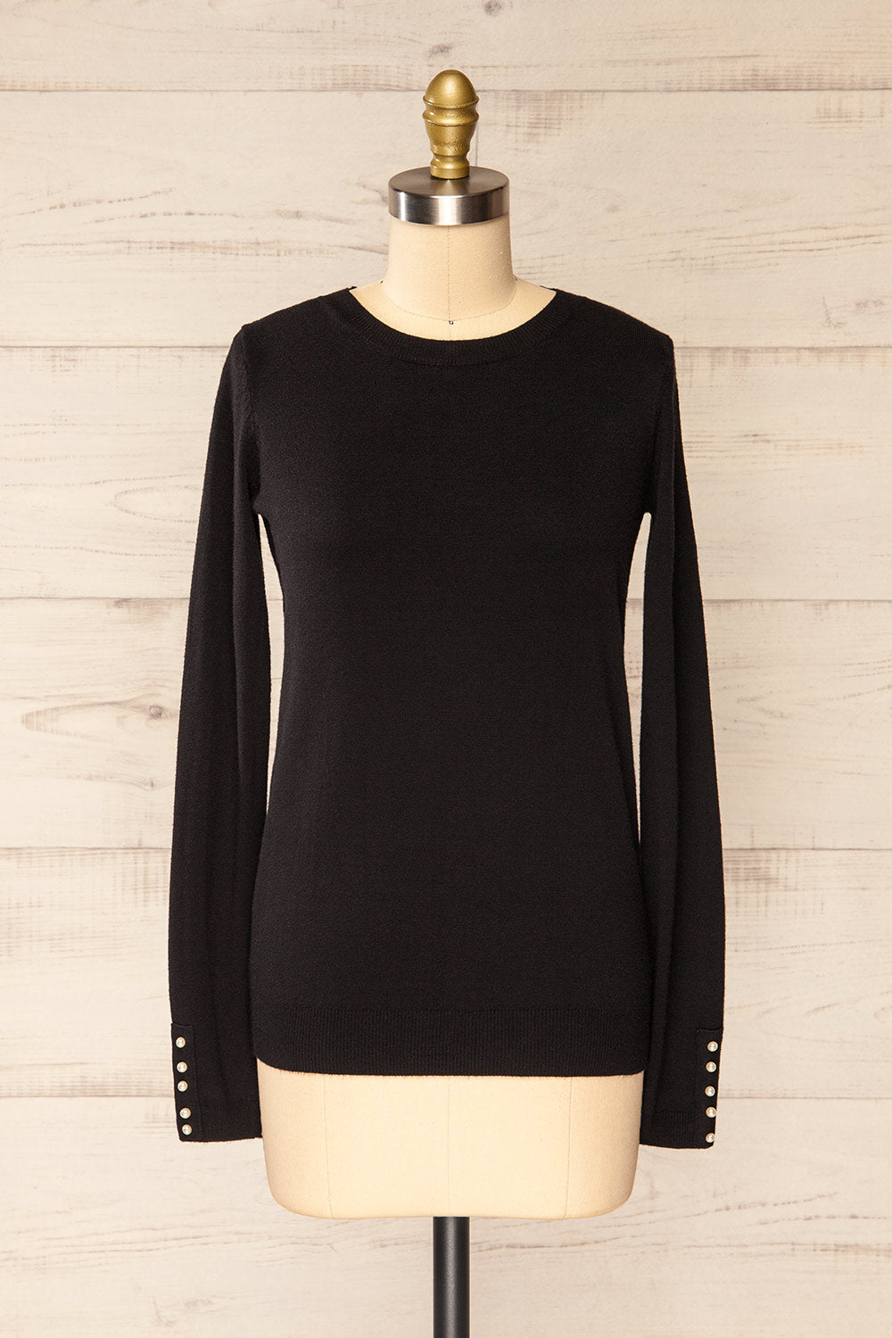 Bruxelles Black Crew Neck Shirt w/ Pearls | La petite garçonne front view