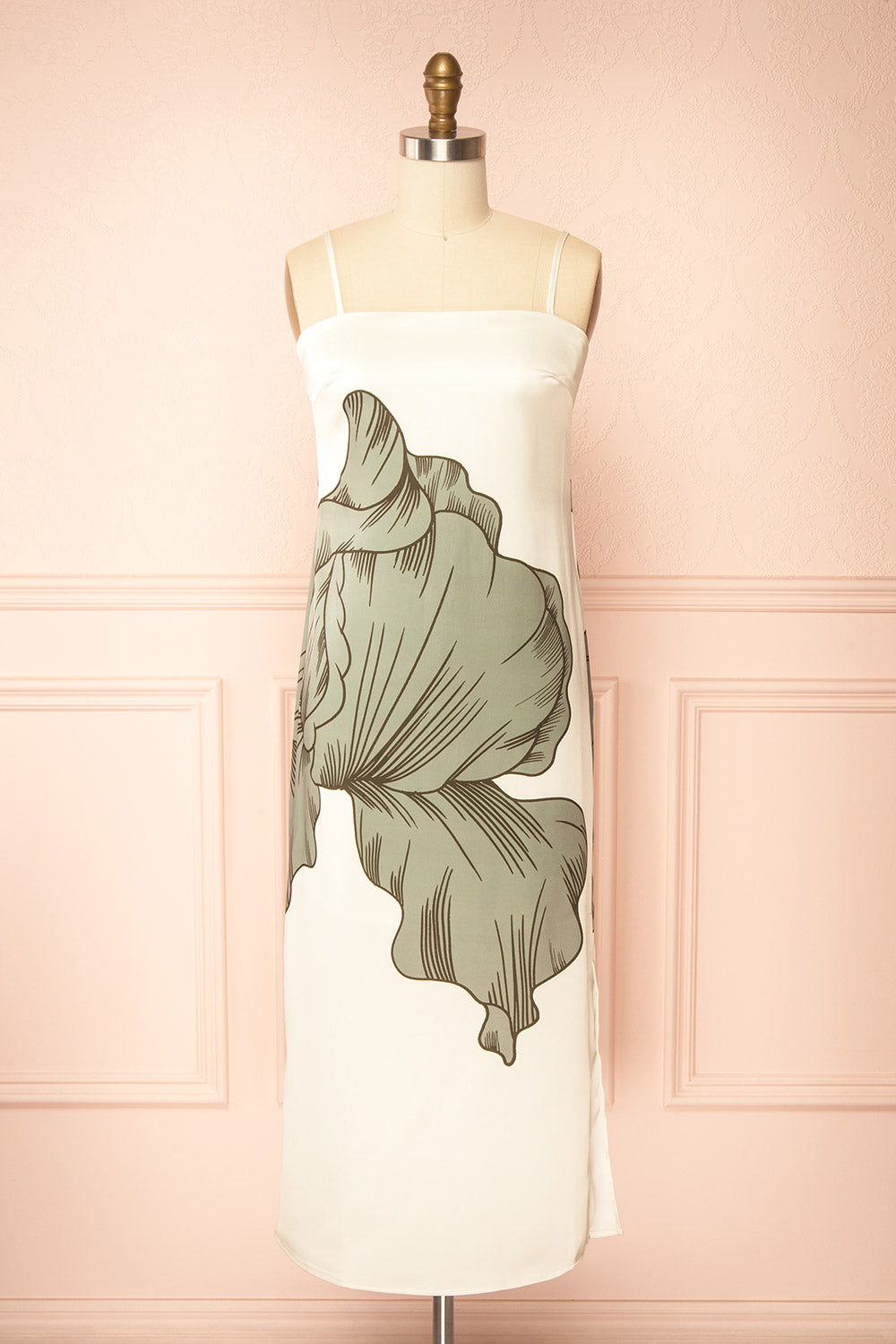 Brynlee Ivory Midi Satin Dress with Leaf Motif | Boutique 1861 front view